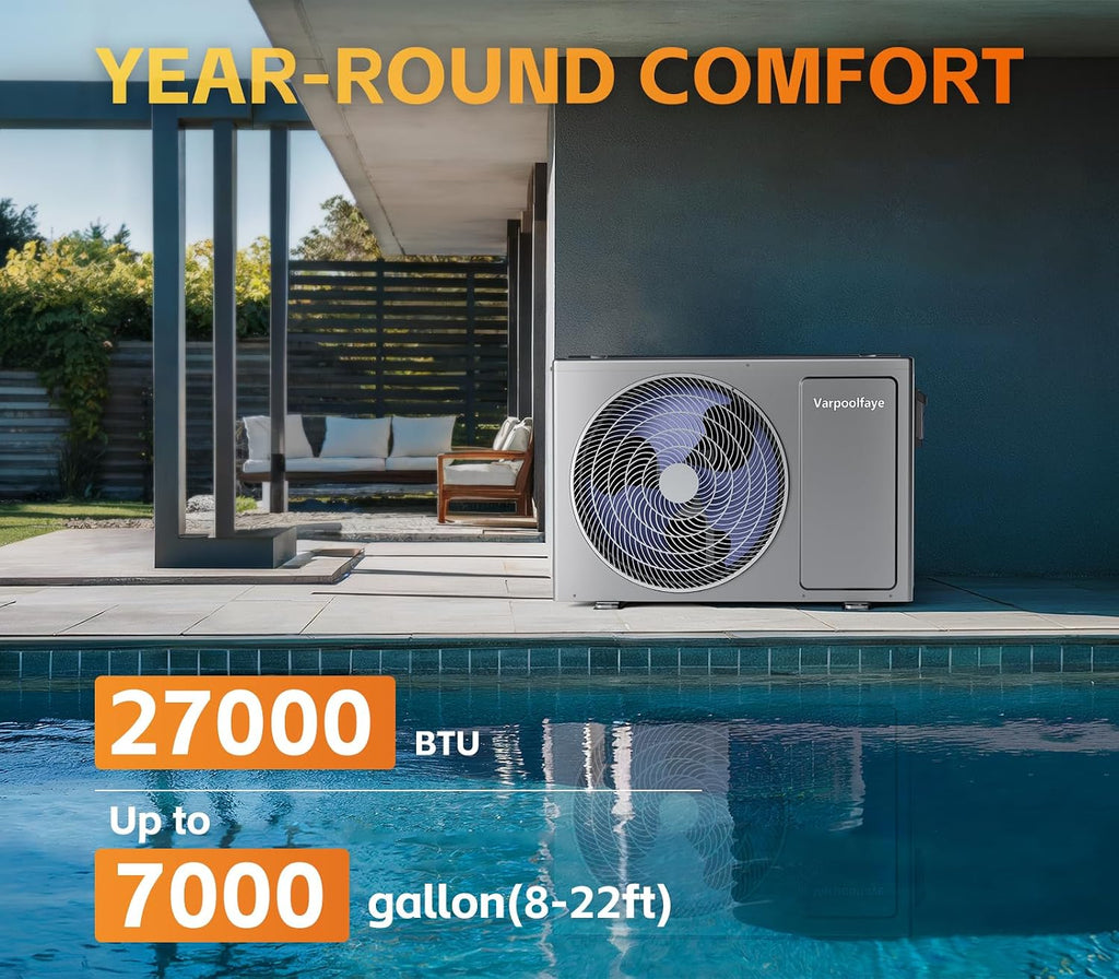 Electric Pool Heater for Inground Pool 27000 BTU Swimming Pool Heat Pump Above Ground Pool Heater 120V 7000 Gallon Heating or Cooling WiFi Control Schedule