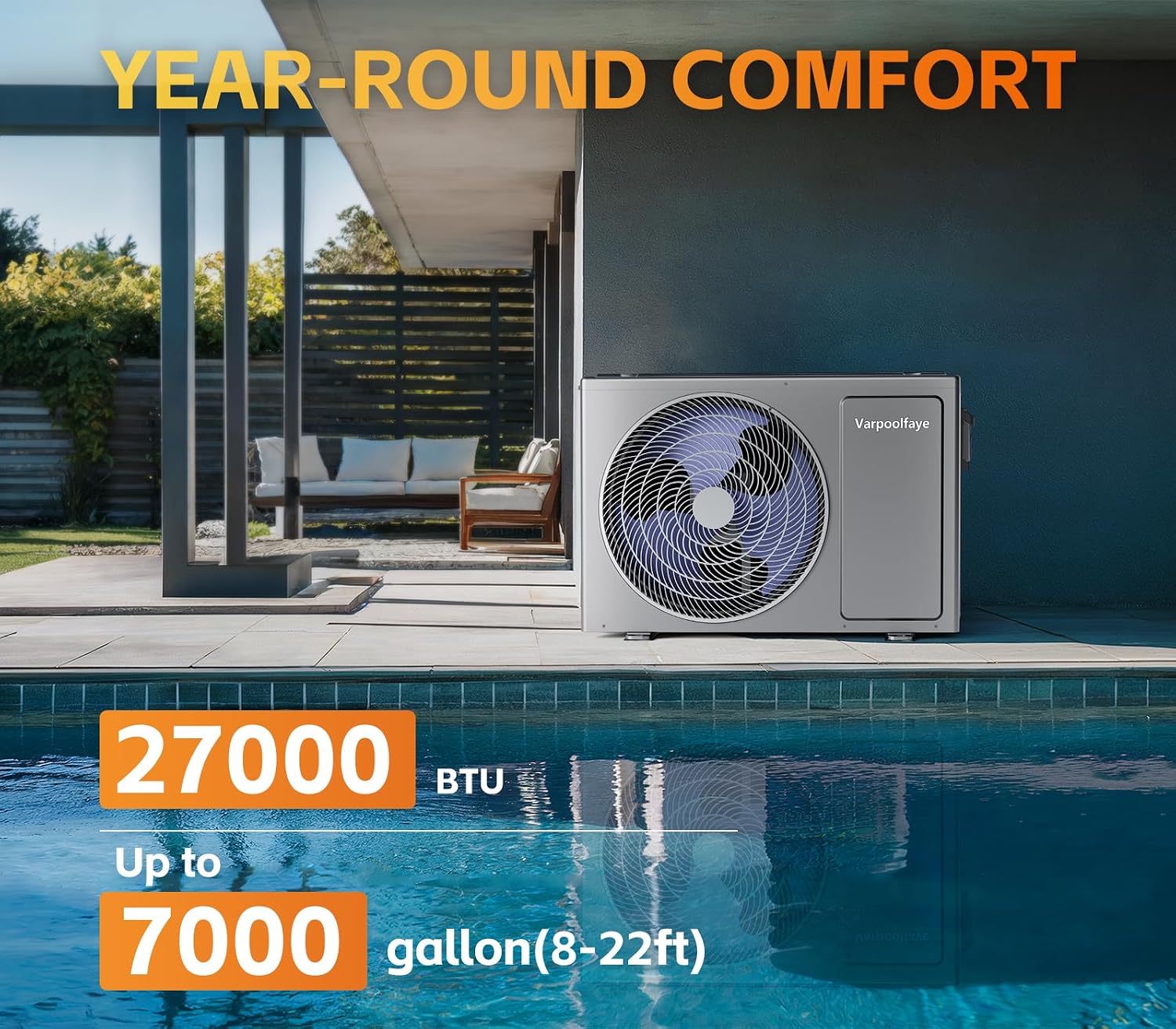 Electric Pool Heater for Inground Pool 27000 BTU Swimming Pool Heat Pump Above Ground Pool Heater 120V 7000 Gallon Heating or Cooling WiFi Control Schedule