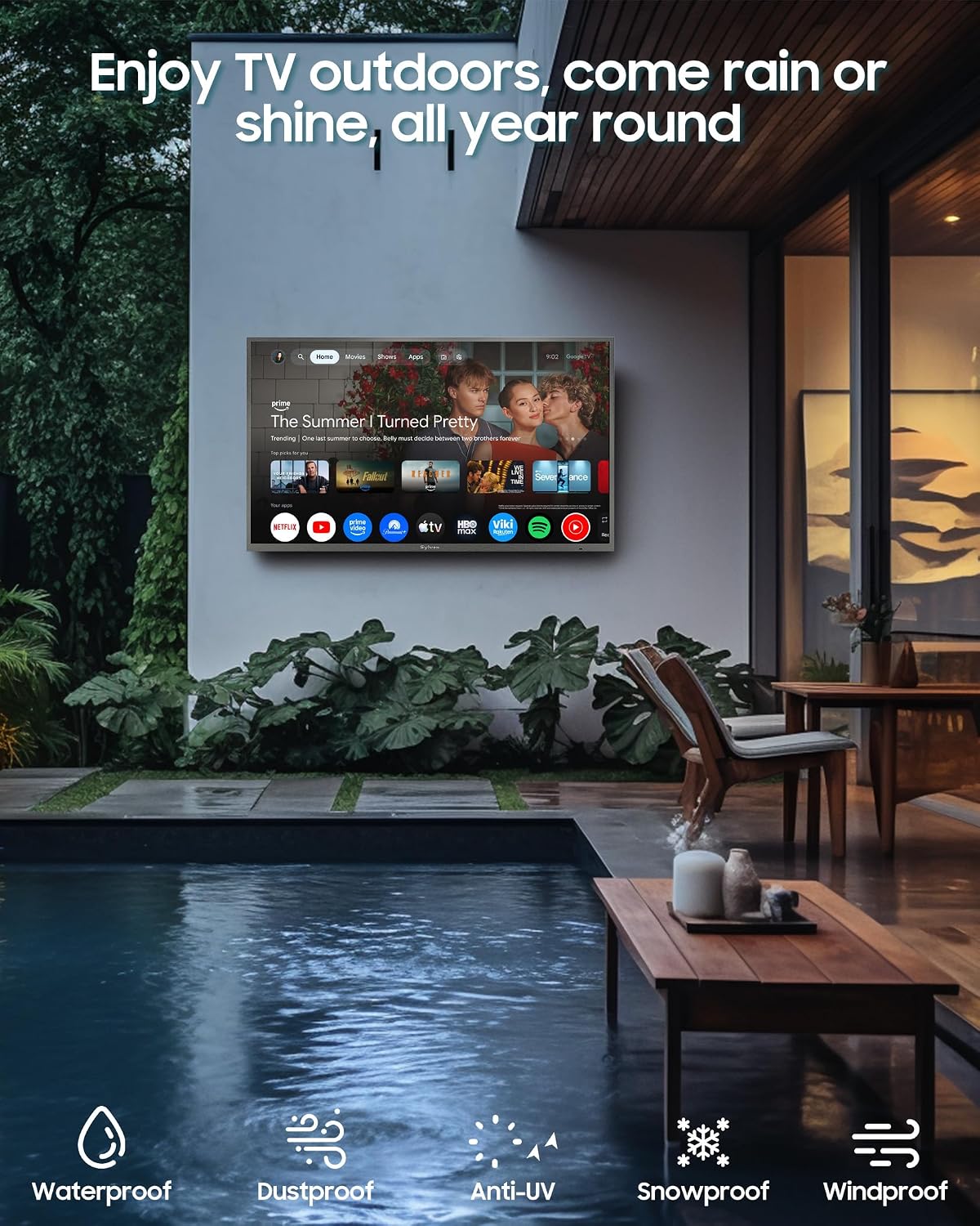 SYLVOX Outdoor TV, 65 inch Full Sun Smart Outdoor TVs, Weatherproof 2000 Nits High Brightness IP56 Waterproof, 4K TV for Outside WiFi Bluetooth Voice Assistant Chromecast (Pool Pro 3.0)