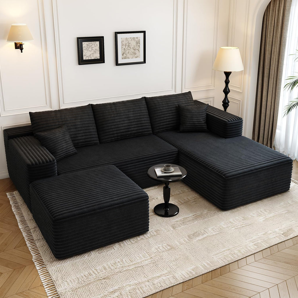 107.5' Cloud Modular Sectional Sofa with 1 Ottoman,Modern Minimalist Upholstered Couches, Comfort U Shaped Sofa for Living Room,Deep Seat Corner Couch，No Assembly Required (Black,Right Facing Chaise)