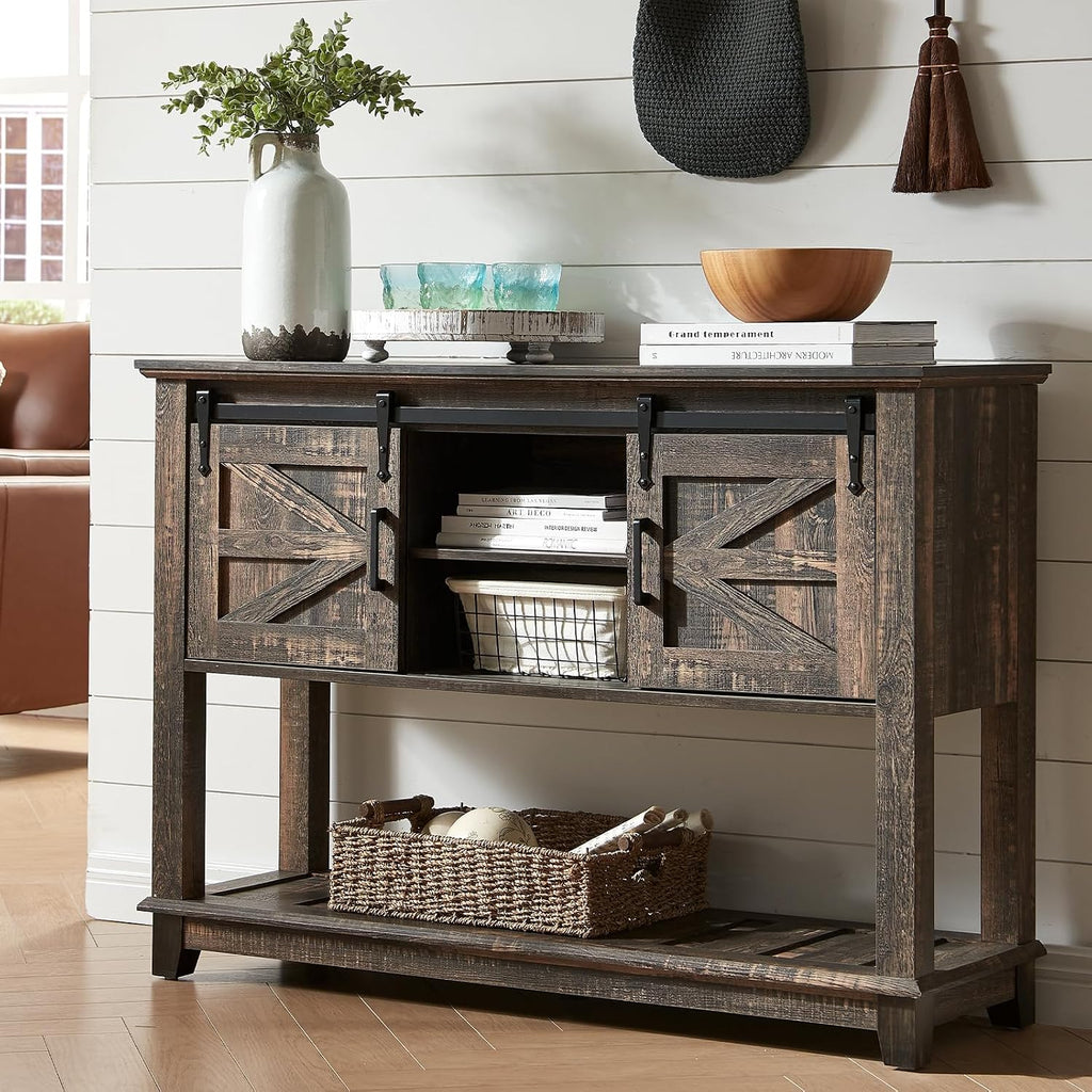 AMERLIFE Sofa Table with Sliding Barn Doors, TV Console Table, 46' Farmhouse Rustic Storage Entryway Table, Adjustable Open Shelves, Hallway, Living Room, Bedroom, Rustic Oak Black