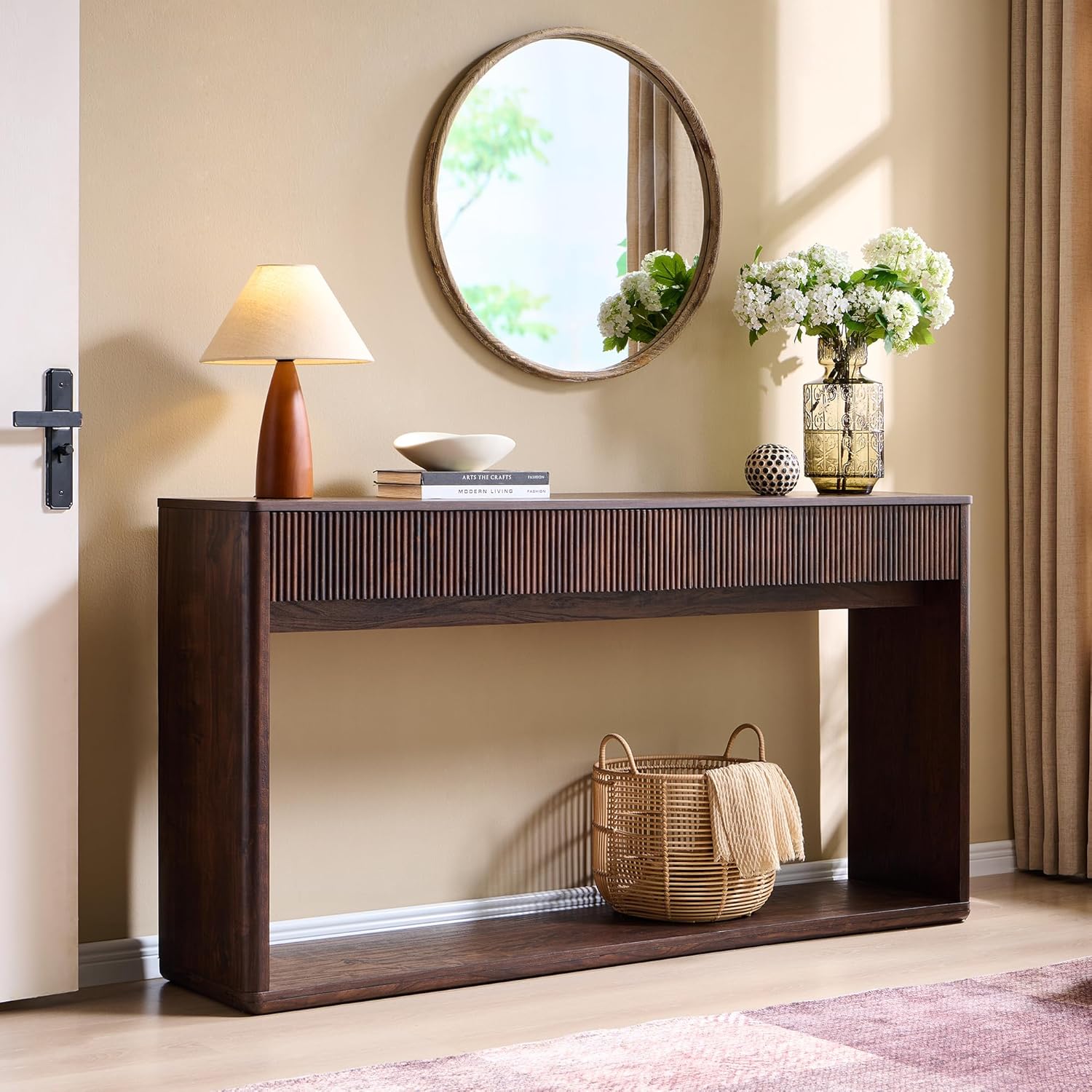 OKD 63' Fluted Console Table for Entryway, Modern Entryway Table with 2 Large Drawers, Long Sofa Table Behind Couch for Living Room, Hallway, Couch, Foyer，Dark Walnut