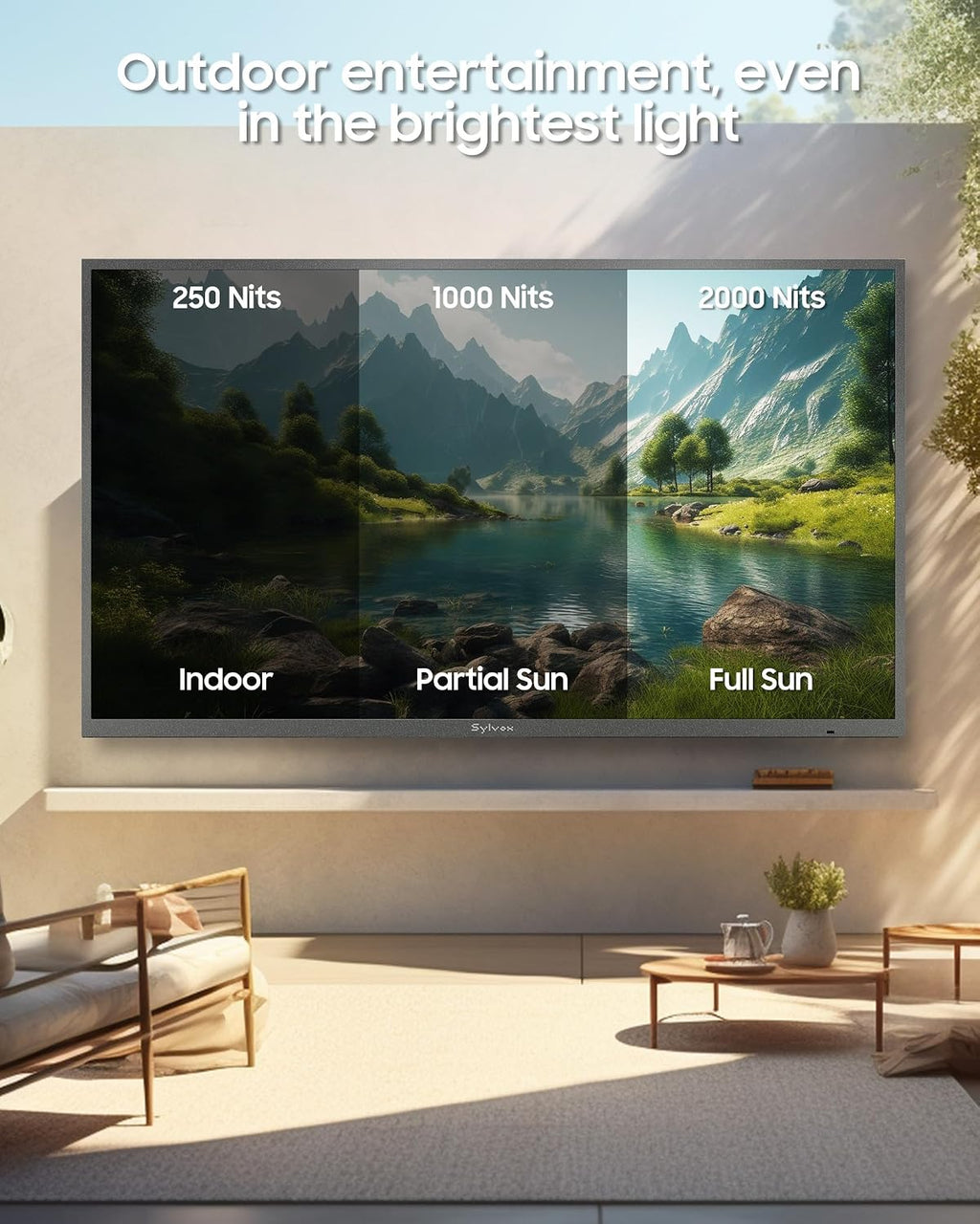 SYLVOX Outdoor TV, 65 inch Full Sun Smart Outdoor TVs, Weatherproof 2000 Nits High Brightness IP56 Waterproof, 4K TV for Outside WiFi Bluetooth Voice Assistant Chromecast (Pool Pro 3.0)