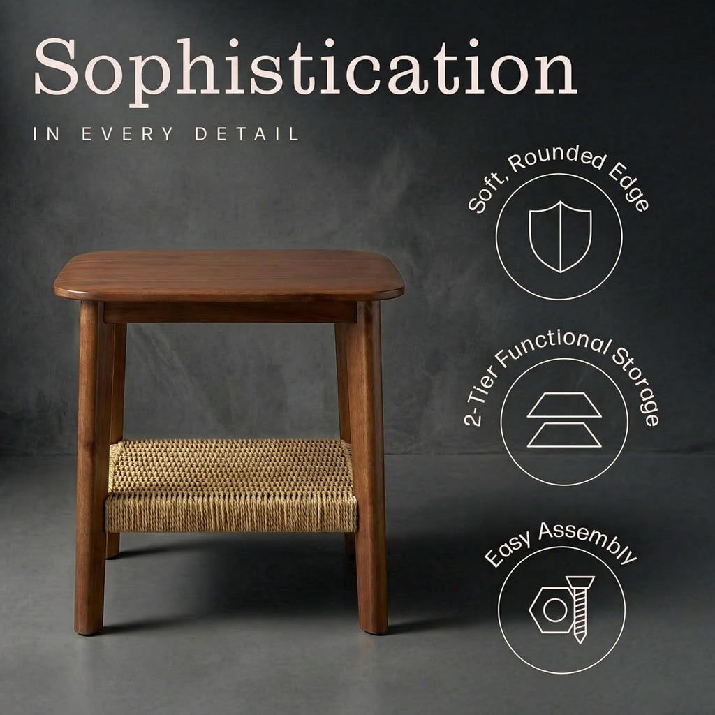 Alaterre Furniture Calais 2-Tier Solid Wood End Table with Woven Storage Shelf – Mid Century Modern Nightstand or Side Table for Living Room, or Bedroom (Chestnut)
