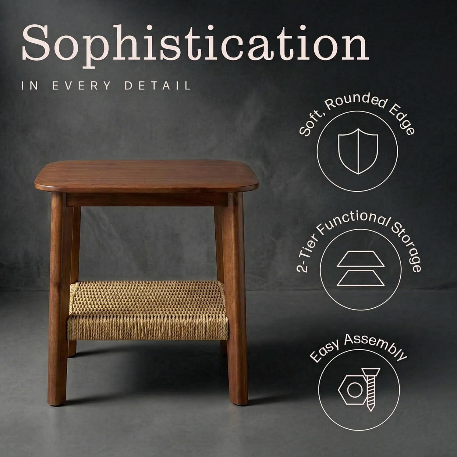 Alaterre Furniture Calais 2-Tier Solid Wood End Table with Woven Storage Shelf – Mid Century Modern Nightstand or Side Table for Living Room, or Bedroom (Chestnut)