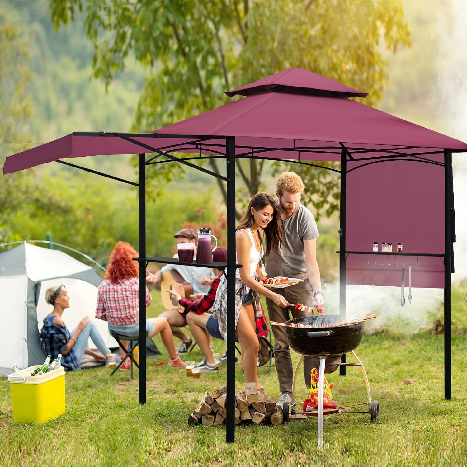 14 x 5 Grill Gazebo, Outdoor BBQ Grill Patio Canopy with 2 Handy Shelves & Extra Awning LED Lights, Double Roof Barbecue Gazebo Canopy (Red)