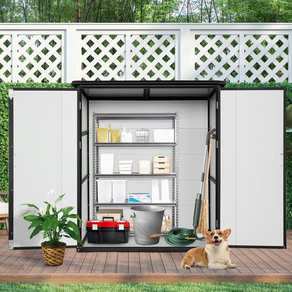 5x3 Resin Outdoor Storage Shed with Floor, Vertical Plastic Storage Cabinet with Lockable Doors, All-Weather Garden Tool Shed for Bikes and Patio Furniture (White)