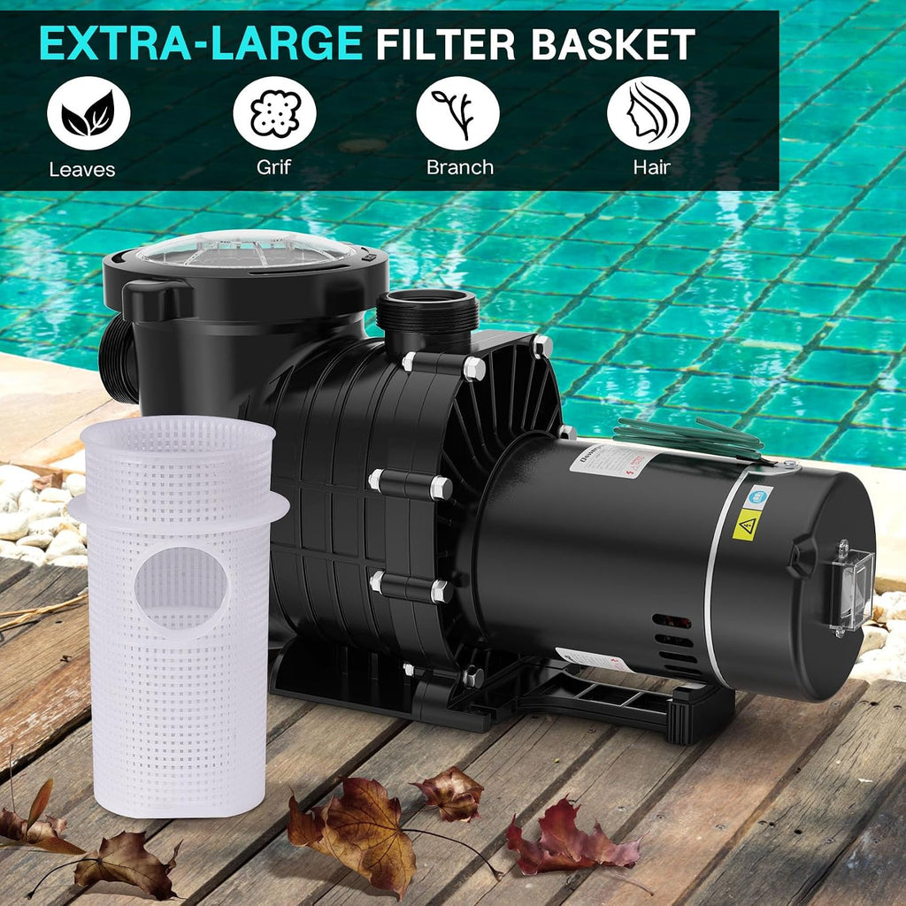 Pool Pump Above Ground/Inground, 1.5 HP 6600GPH Powerful Selfpriming Pool Pumps for 15,000-31,000 Gallons Pools, Dual Voltage Swimming Pool Pump with Strainer Basket & Drain Plug