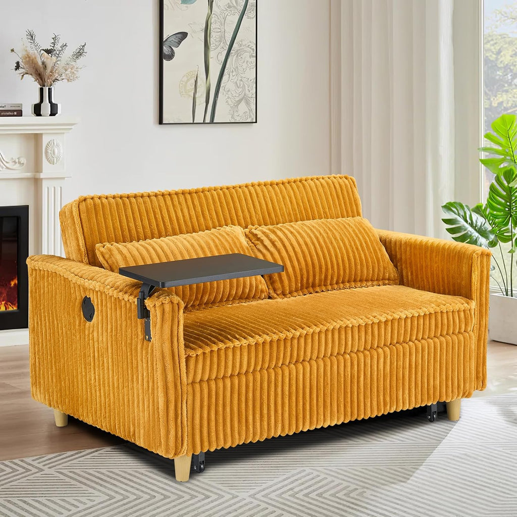 54'W Convertible Sleeper Sofa Bed,3-In-1 Corduroy Pull Out Couch Bed,Futon Loveseat Sleeper Couch with Adjustable Backrest & USB Port & Side Table,Recliner for Living Room/Office/Small Space(Yellow)