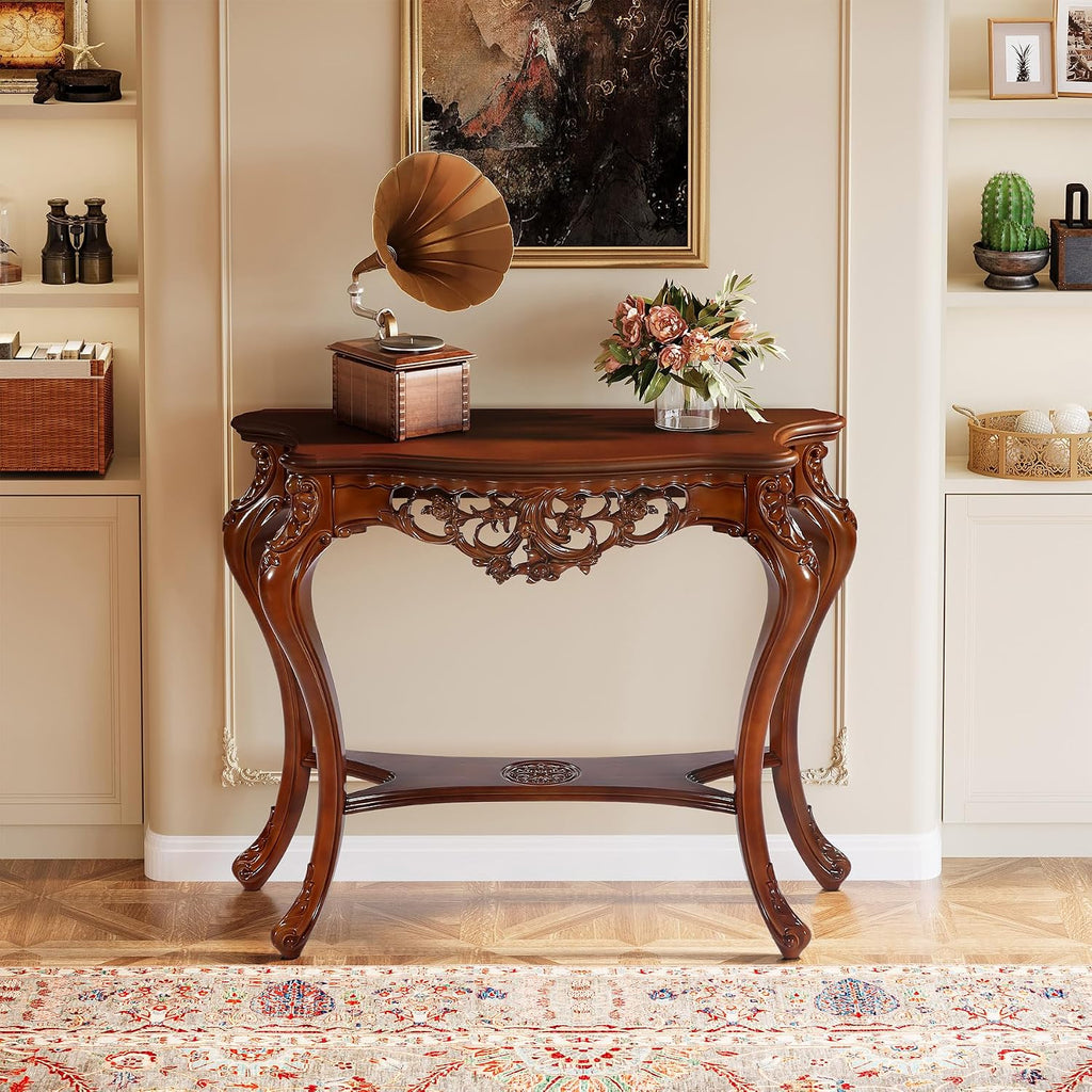Tribesigns Antique Console Table, 38 Inch Victorian Half Moon Sofa Table with Hollow Floral Apron and Cabriole Legs, Vintage Traditional Decorative Furniture Tables for Entryway, Hallway, Living Room