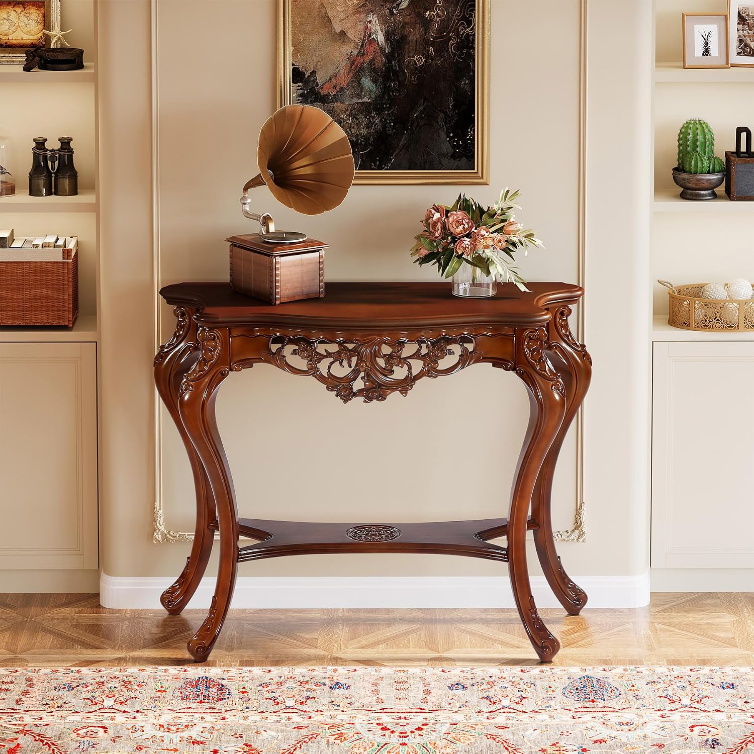 Tribesigns Antique Console Table, 38 Inch Victorian Half Moon Sofa Table with Hollow Floral Apron and Cabriole Legs, Vintage Traditional Decorative Furniture Tables for Entryway, Hallway, Living Room