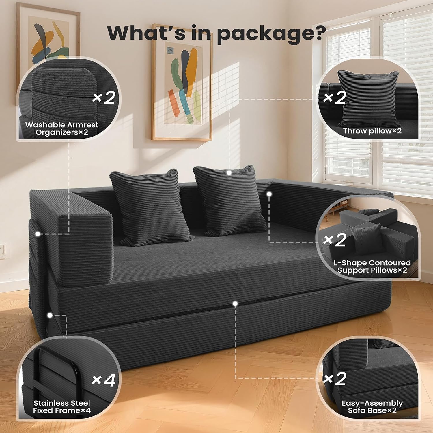 5‑in‑1 Futon Sofa Bed Queen – Floor Foldable Convertible Sofa Couch with L‑Shaped Armrests, Removable Cover, Grey Convertible Guest Bed | Space‑Saving Fold‑Out Mattress Lounge for Living Room/Bedroom