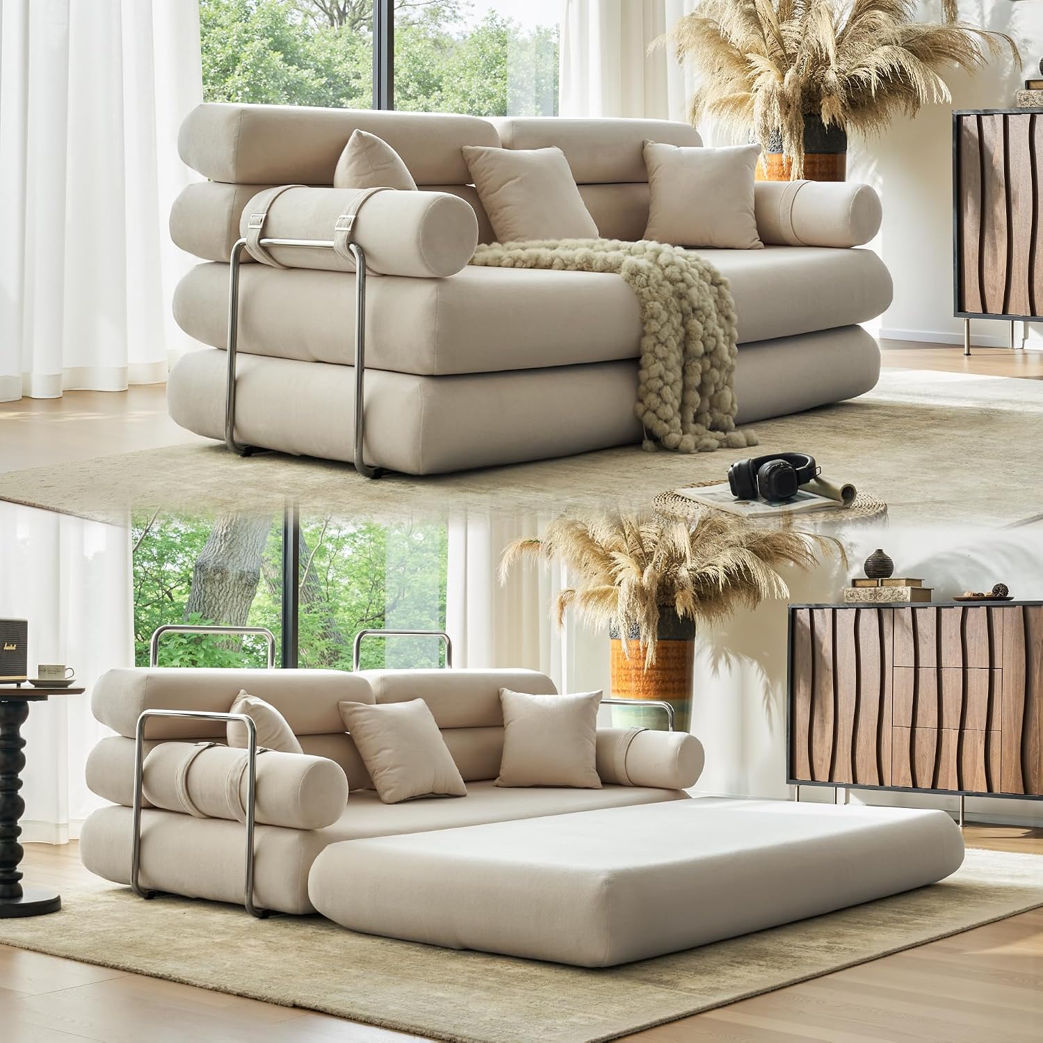 YINIX Convertible Sleeper Sofa - 35'' High-Back Floor Couch Bed - Folding Sofa Bed with Rounded Arm Supports - Floor Sofa Lounge Sofa Bed for Living Room - Beige