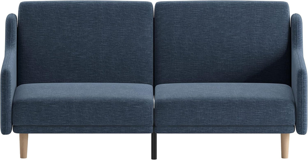 Flash Furniture Delphine Convertible Split Back Sofa Futon - Navy Faux Linen Upholstery - Solid Wood Legs - Curved Armrests - Sleeper Couch for Small Spaces