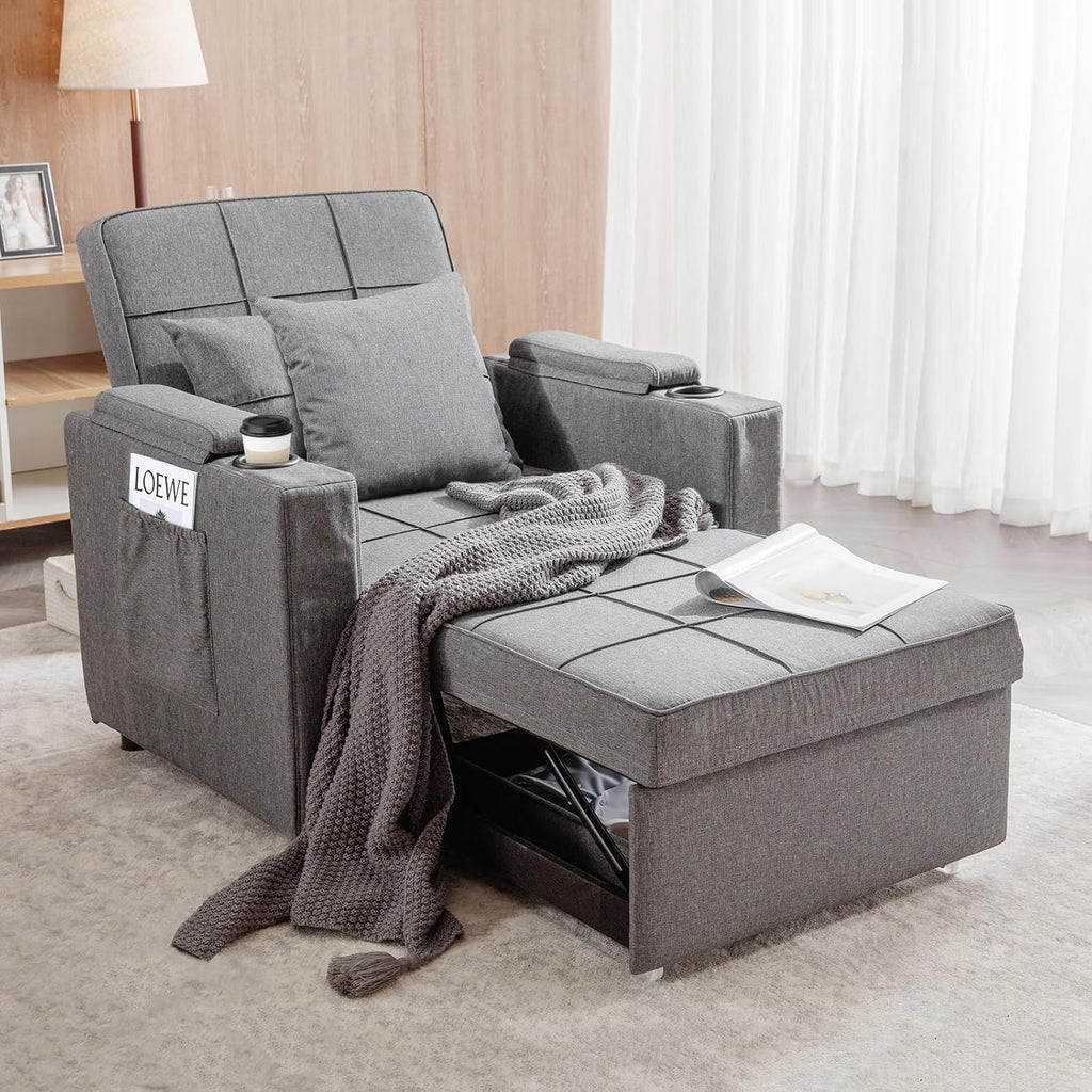 COMHOMA Sleeper Chair Bed,Convertible Sofa Bed Armchair with Cup Holders,3-in-1 Futon Bed Chair with Side Pocket Pull Out Sofa Bed Couch for Living Room,Bedroom (Grey)