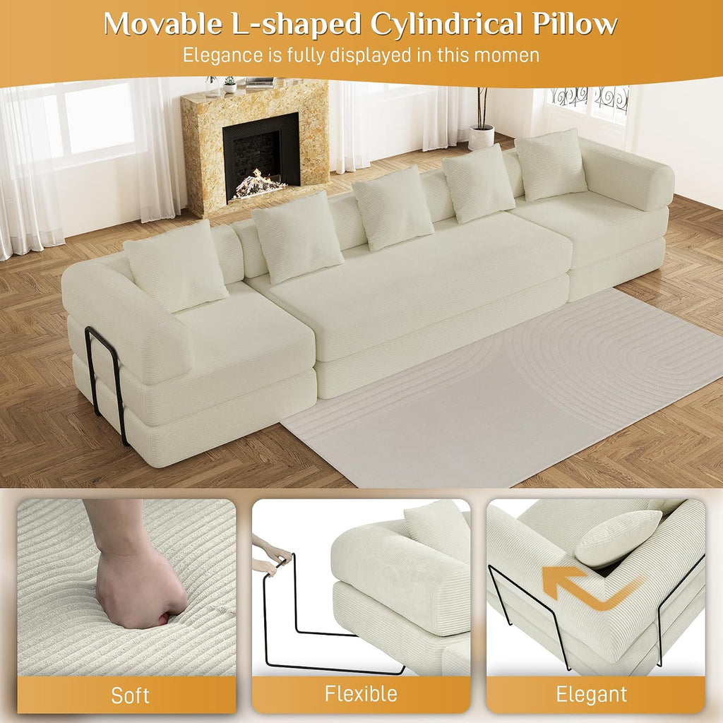 DAMAIFROM Convertible Sleeper Sofa Bed with Cylindrical Pillow,Corduroy Folding Mattress Couch with Fixed-Shape Frame,Modular Floor Sofa Lounge Couch for Living Room Bedroom Lounge,158.6',Beige White