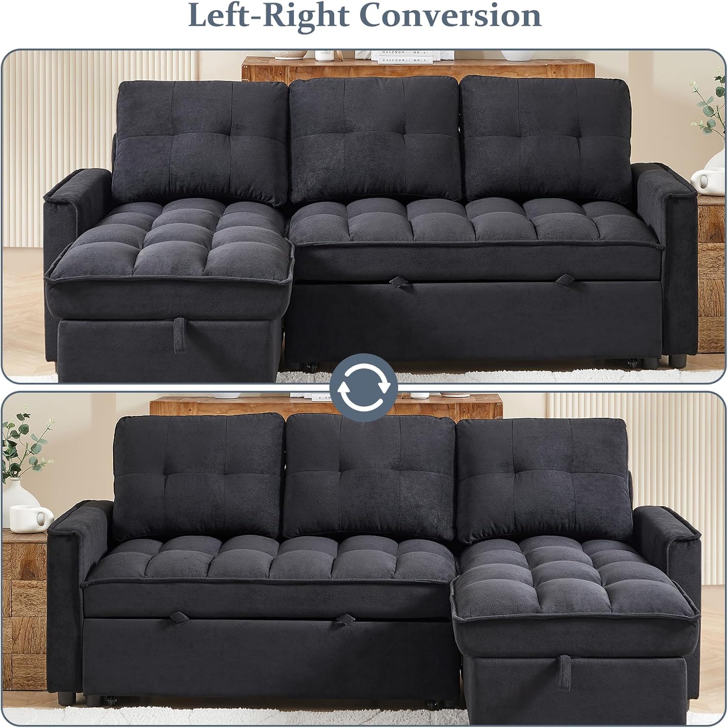 78.75' Sleeper Sofa Couch,Modern L-Shaped Couches, Pull Out Couch with USB Ports&Side Pocket,Sleeper Sectional Sofa for Living Room Apartment,Chenille,Black