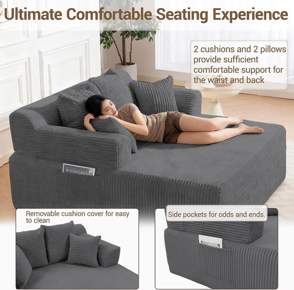 58' Oversized Boneless Chair, Corduroy Lounge Chaise Chair Indoor Sleeper Sofa Bed with Arms and 4 Pillows, No Assembly for Bedroom Living Room, Grey