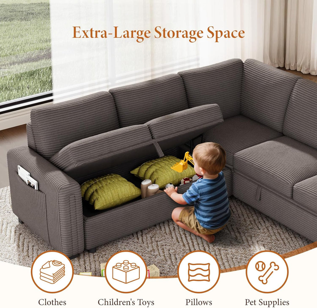 Vesgantti 88.4' Sleeper Sectional Couch with Pull Out Bed, 5 Seater L Shaped Modular Sectional Sofa with Storage, Comfy Corduroy Modular Sofa for Living Room, Bedroom, Apartment, Light Coffee
