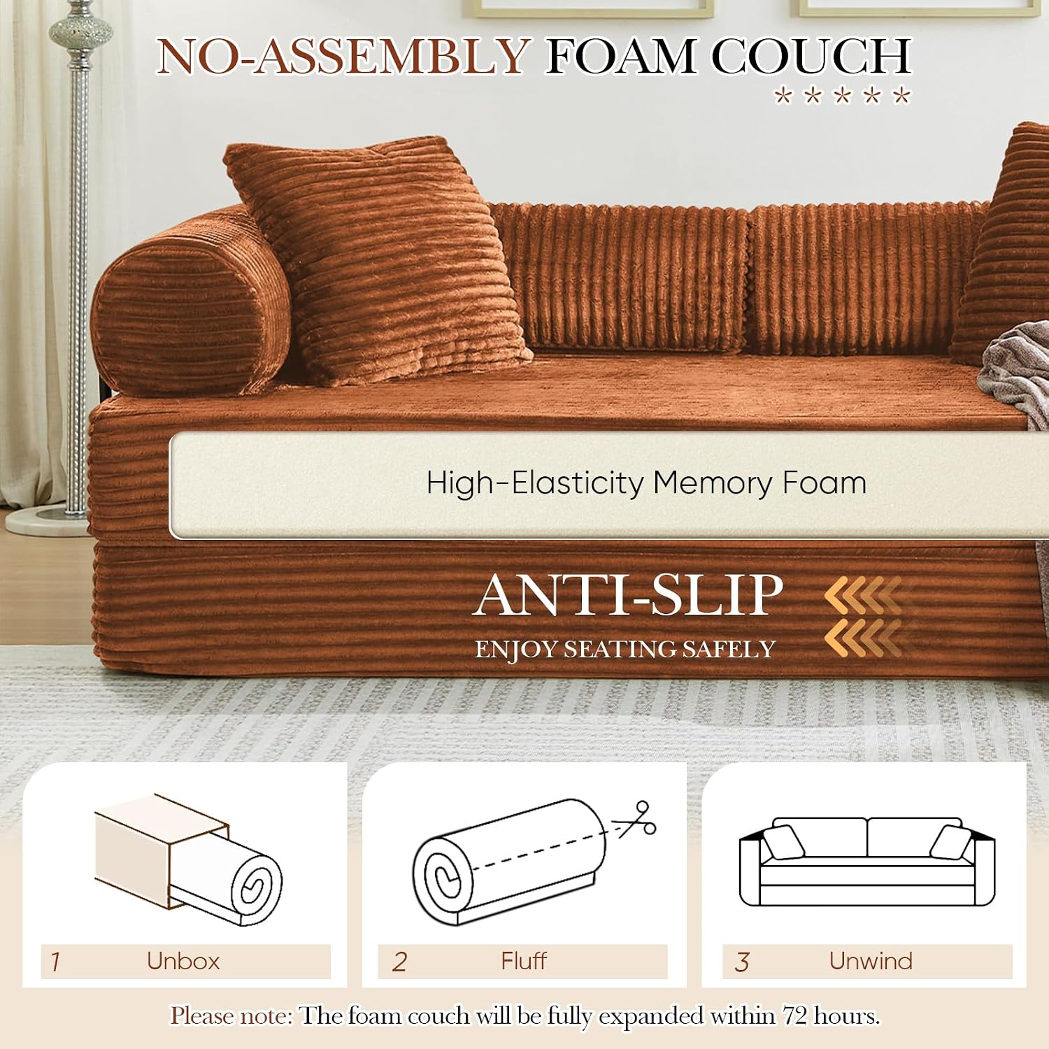 Antetek Modular Couch Bed, Convertible Folding Plush Corduroy Comfy Floor Compression Loveseat Sleeper Sofa Couch, King Size Bed for Guest Room Living Room Bedroom, No Assembly Required, Orange