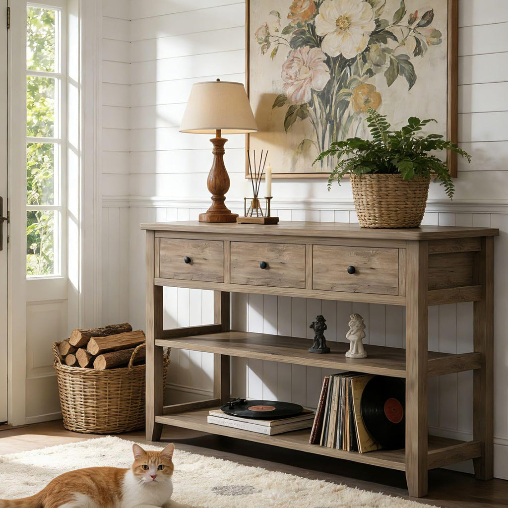 Karl home Console Table with 3 Drawers, 47' Farmhouse Wash Grey Entryway Sofa Table with Silent Slide Rails & Anti-Fall Guardrails for Hallway, Living Room, Foyer, Office