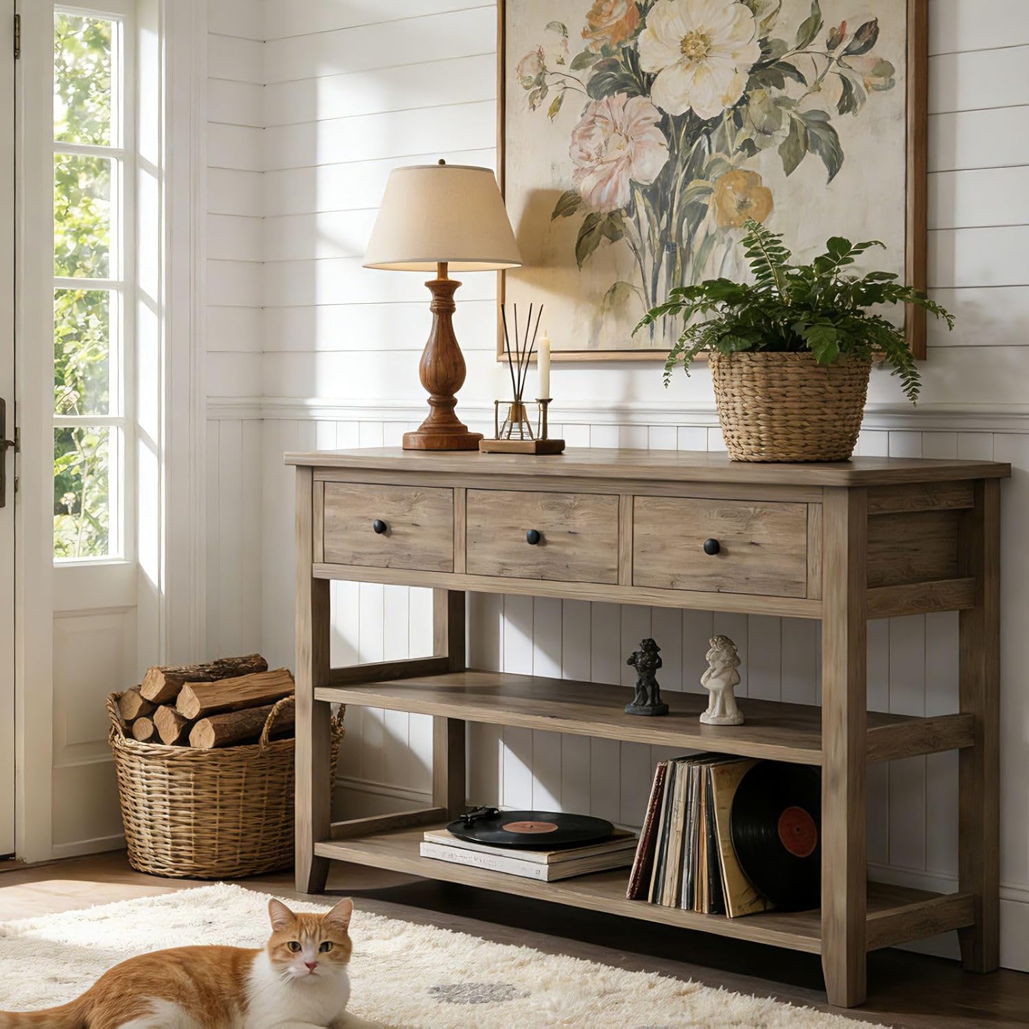 Karl home Console Table with 3 Drawers, 47' Farmhouse Wash Grey Entryway Sofa Table with Silent Slide Rails & Anti-Fall Guardrails for Hallway, Living Room, Foyer, Office