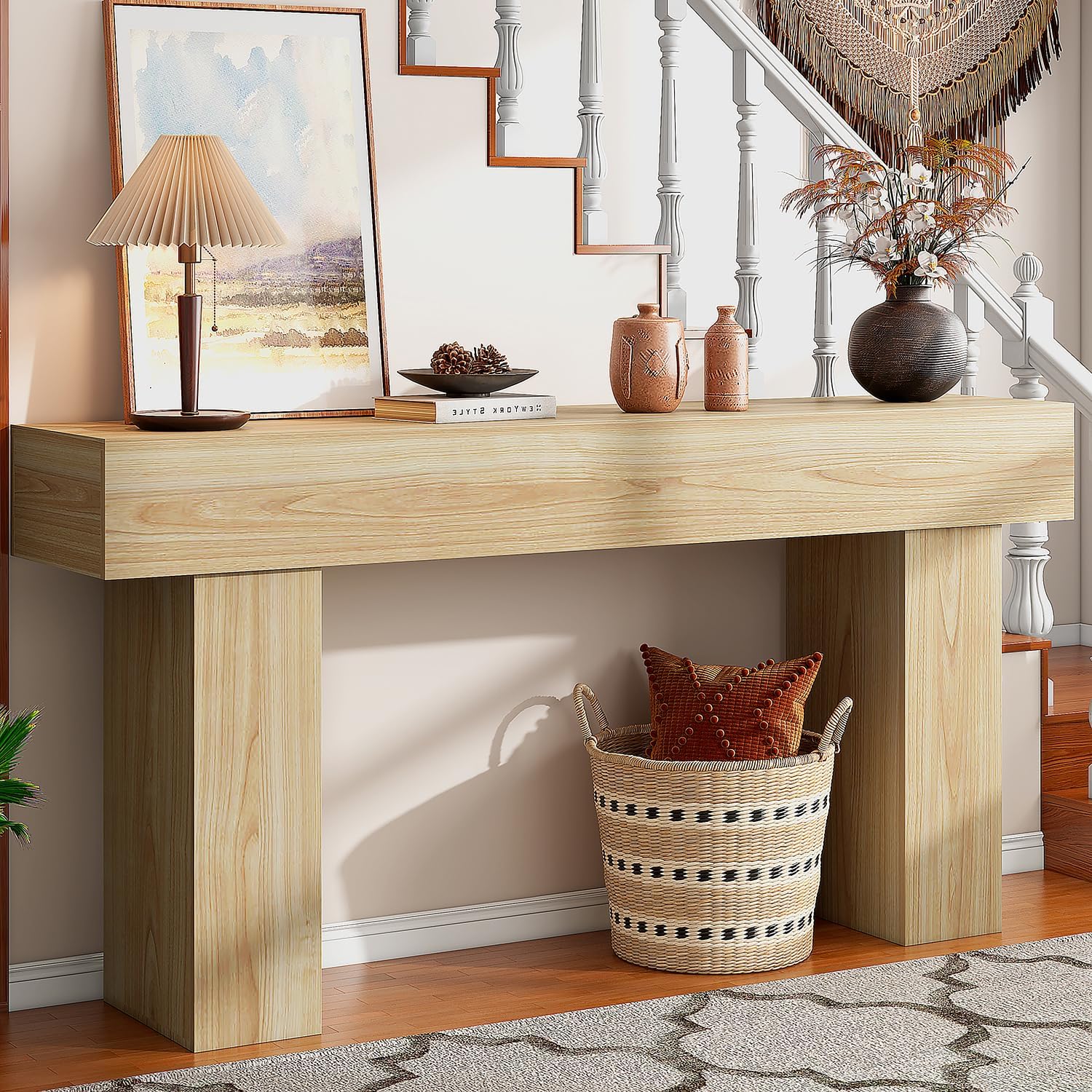 knoworld 63 Inch Long Console Table for Entryway, Farmhouse Wood Rectangular Sofa Table Behind Couch Table, Narrow Entryway Table for Living Room, Entrance, Hallway, Foyer, Easy Assembly (Natural)