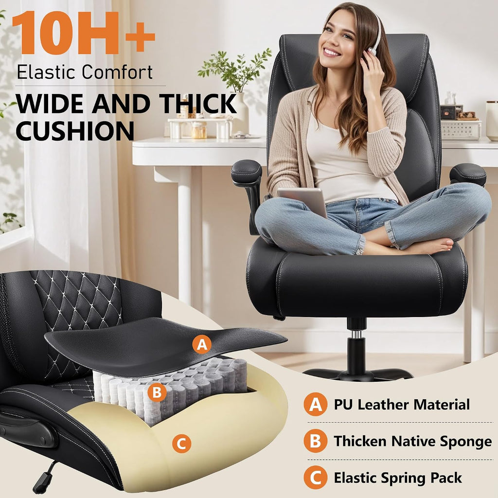 BESTFAIR Office Chair, Ergonomic Computer Desk Chairs with Lumbar Support for Lower Back Pain Relief, Executive Leather Home Chair Comfy with Padded Flip-up Armrests, Black, 4-Pack