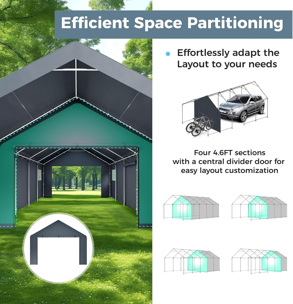 GREEN PARTY Carport, 13'x24' Extra Large Heavy Duty Carport with Roll-up Windows, Waterproof & 12 Legs Car Canopy Portable Garage Shelter with Removable Sidewalls & Doors for Car, Truck, SUV, Boat