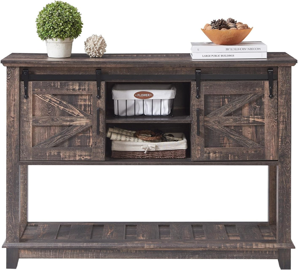 AMERLIFE Sofa Table with Sliding Barn Doors, TV Console Table, 46' Farmhouse Rustic Storage Entryway Table, Adjustable Open Shelves, Hallway, Living Room, Bedroom, Rustic Oak Black