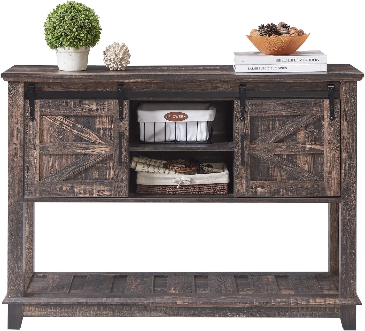 AMERLIFE Sofa Table with Sliding Barn Doors, TV Console Table, 46' Farmhouse Rustic Storage Entryway Table, Adjustable Open Shelves, Hallway, Living Room, Bedroom, Rustic Oak Black