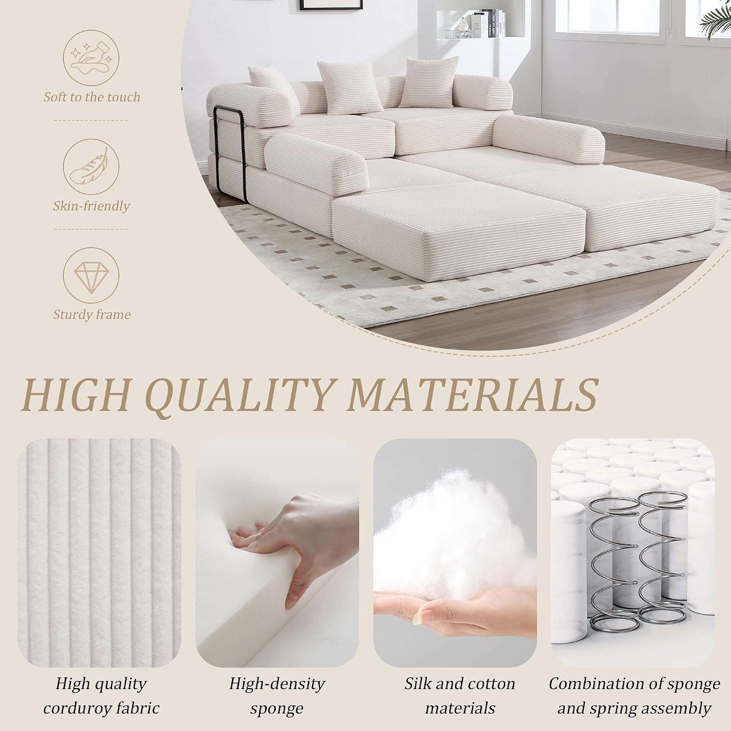 106' Oversized Convertible Sleeper Sofa Bed, Corduroy L Shape Sectional Couch, Folding Sofa Bed with Side Pocket, Modern Cloud Floor Mattress Couch, Modular Sofa for Living Room, Beige