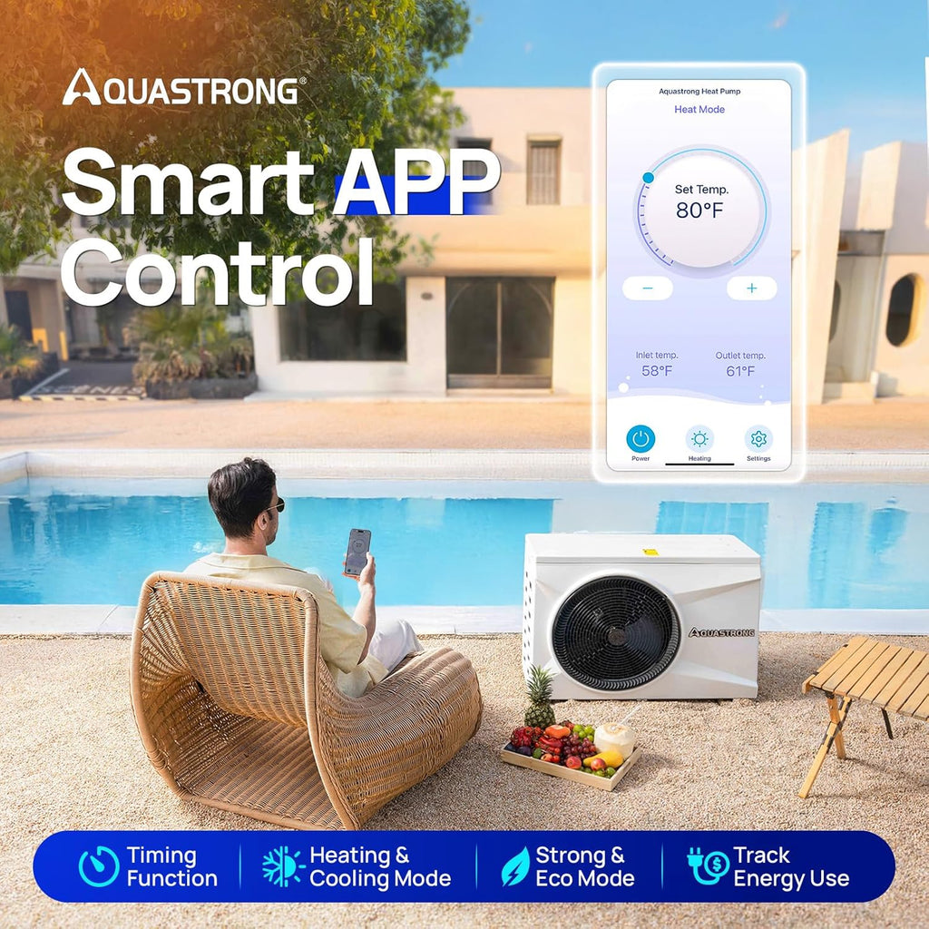 AQUASTRONG Inverter Swimming Pool Heat Pump,Pool Heater for Above Ground and Inground Pool Heating Smart WiFi Control and Cooling Pool Heater Pools Up to, 9000 Gallons