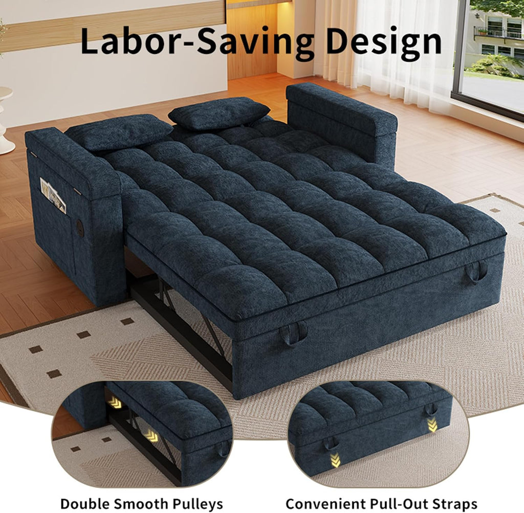 3 in 1 Convertible Sleeper Sofa, 65in Sleeper Couch with Pull Out Bed, Oversized Loveseat Futon Sofa Hide-A-Bed w/Adjustable Backrest, Storage Armrests and Laptop Table for Living Room, Blue | Sleeper Sofa, Pullout Couch Bed, Small Places