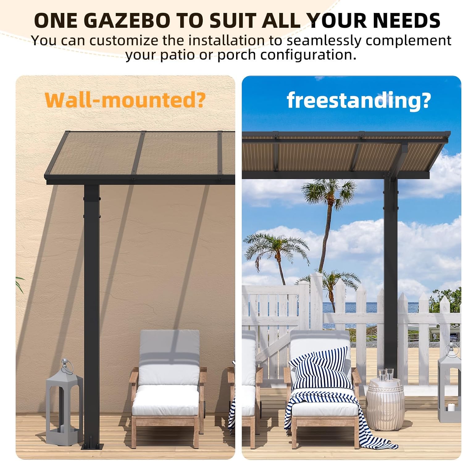 AECOJOY 8' x 8' Gazebo for Patio, Small Free Standing Lean to Gazebo Pergola with Patio Roof (64 Sq.Ft Shaded) on Clearance, Hard Top Wall Mounted Heavy Duty Awnings for Decks, Backyard and More