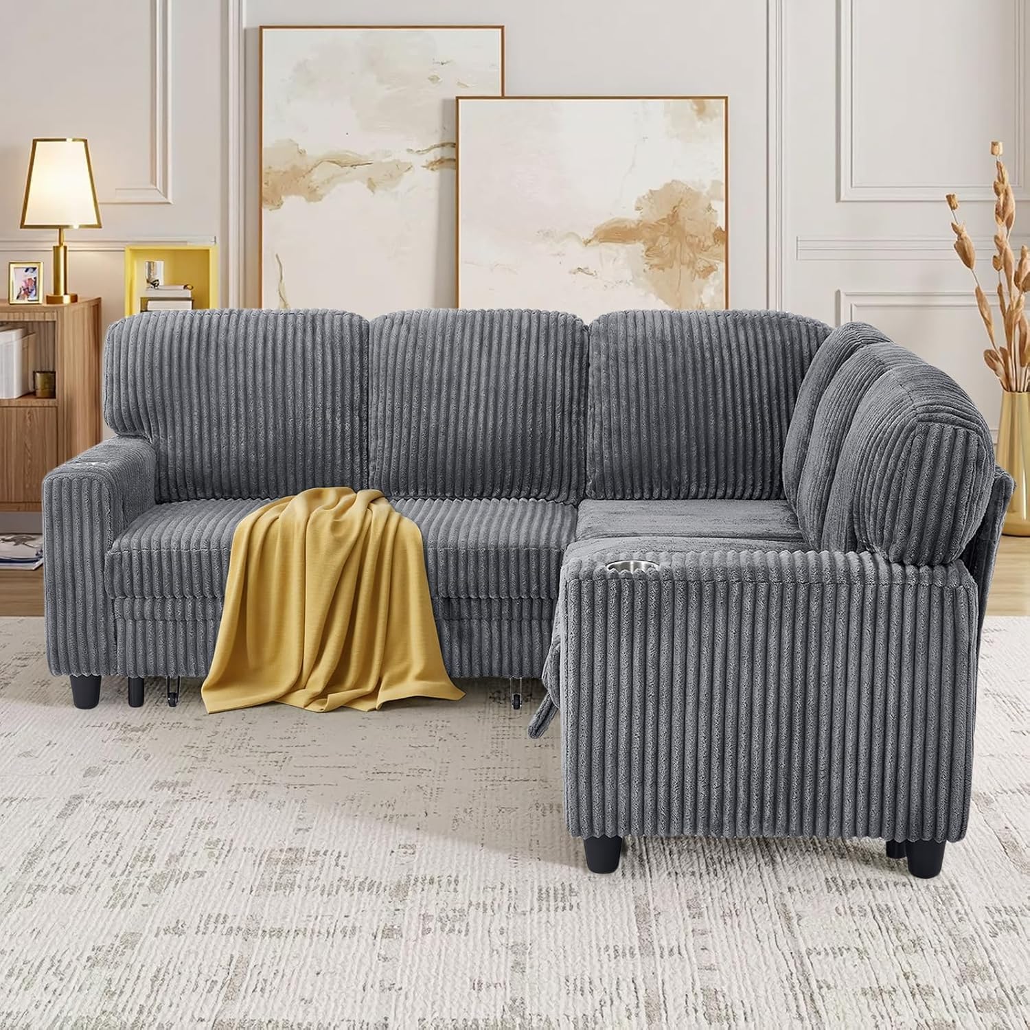 81' Modular Sectional Sofa, L Shaped 5-Seater Sleeper Sofa with Pull Out Bed, Hidden Storage, Cup Holders & USB Charging Ports, Sectional Couches for Living Room, Corduroy, Grey