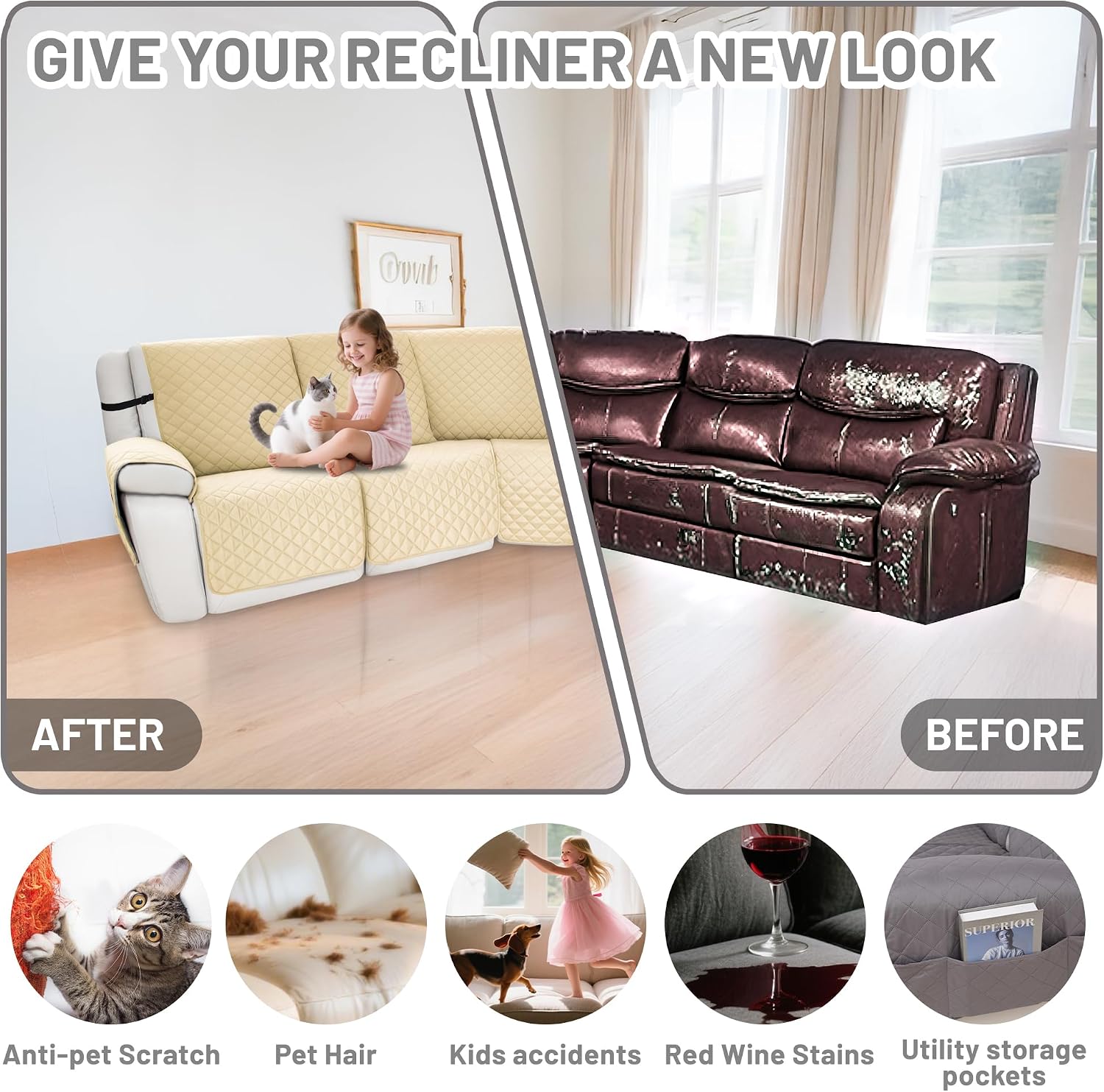 Waterproof Sectional Reclining Couch Covers L Shaped Recliner Sectional Sofa Cover 7 Piece Non Slip Washable Corner Recliner Slipcover Set for Pet Dog (5 Seater Cover, Beige)