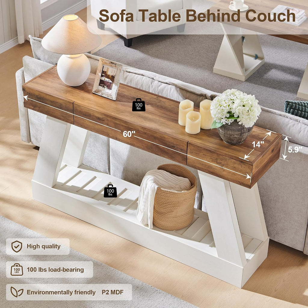 OKD 60' Farmhouse Entryway Table with Drawer, Console Table Behind Sofa, Narrow Long Entryway for Hallway, Living Room, Hallway, Behind Couch(Antique White)