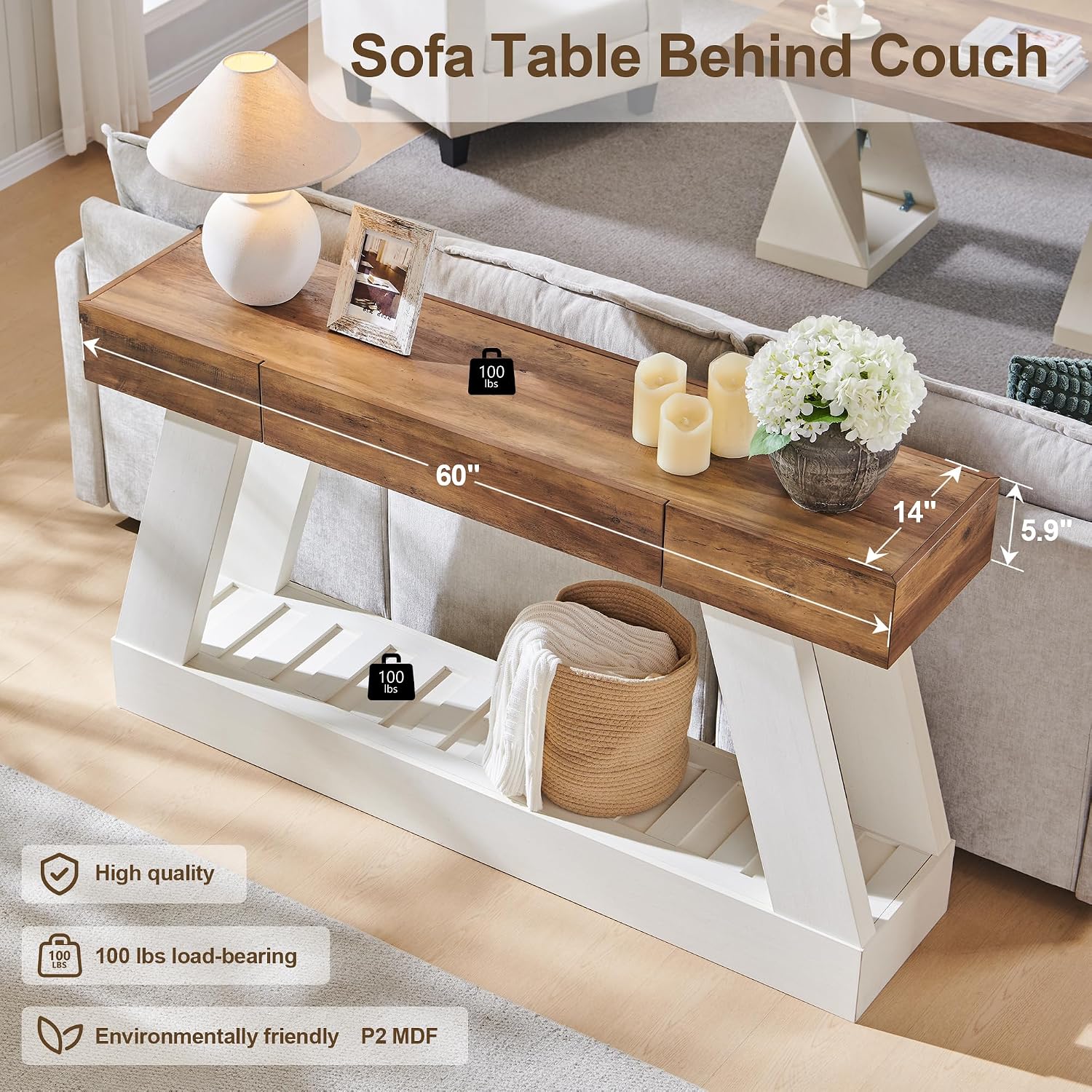 OKD 60' Farmhouse Entryway Table with Drawer, Console Table Behind Sofa, Narrow Long Entryway for Hallway, Living Room, Hallway, Behind Couch(Antique White)