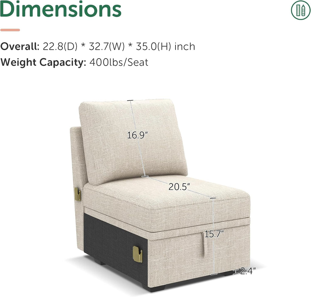 HONBAY Single Seat for Modular Sectional Sleeper Sofa with Pull Out Bed, Customizable Armless Chair for Sectional Couch, Beige