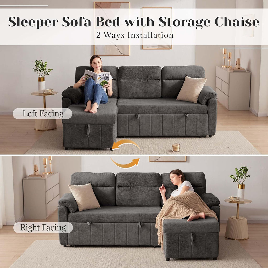 Tbfit 84'' Pull Out Sofa, 3 in 1 Sleeper Sofa Couch with USB & Storage Chaise, Cloud Sofa Bed with Pull Out Bed, Chenille Convertible Sleeper Sofas for Living Room, Small Spaces, Dark Gray