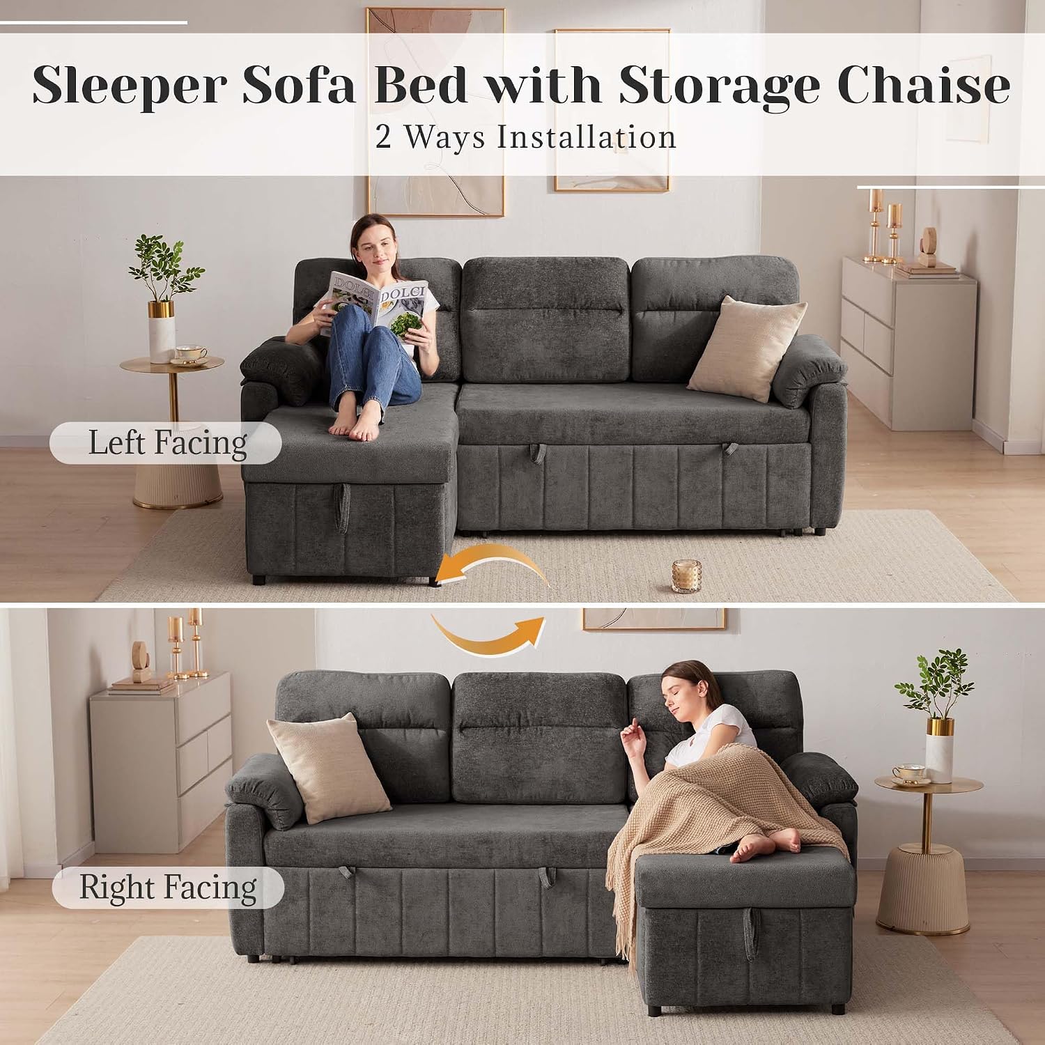 Tbfit 84'' Pull Out Sofa, 3 in 1 Sleeper Sofa Couch with USB & Storage Chaise, Cloud Sofa Bed with Pull Out Bed, Chenille Convertible Sleeper Sofas for Living Room, Small Spaces, Dark Gray