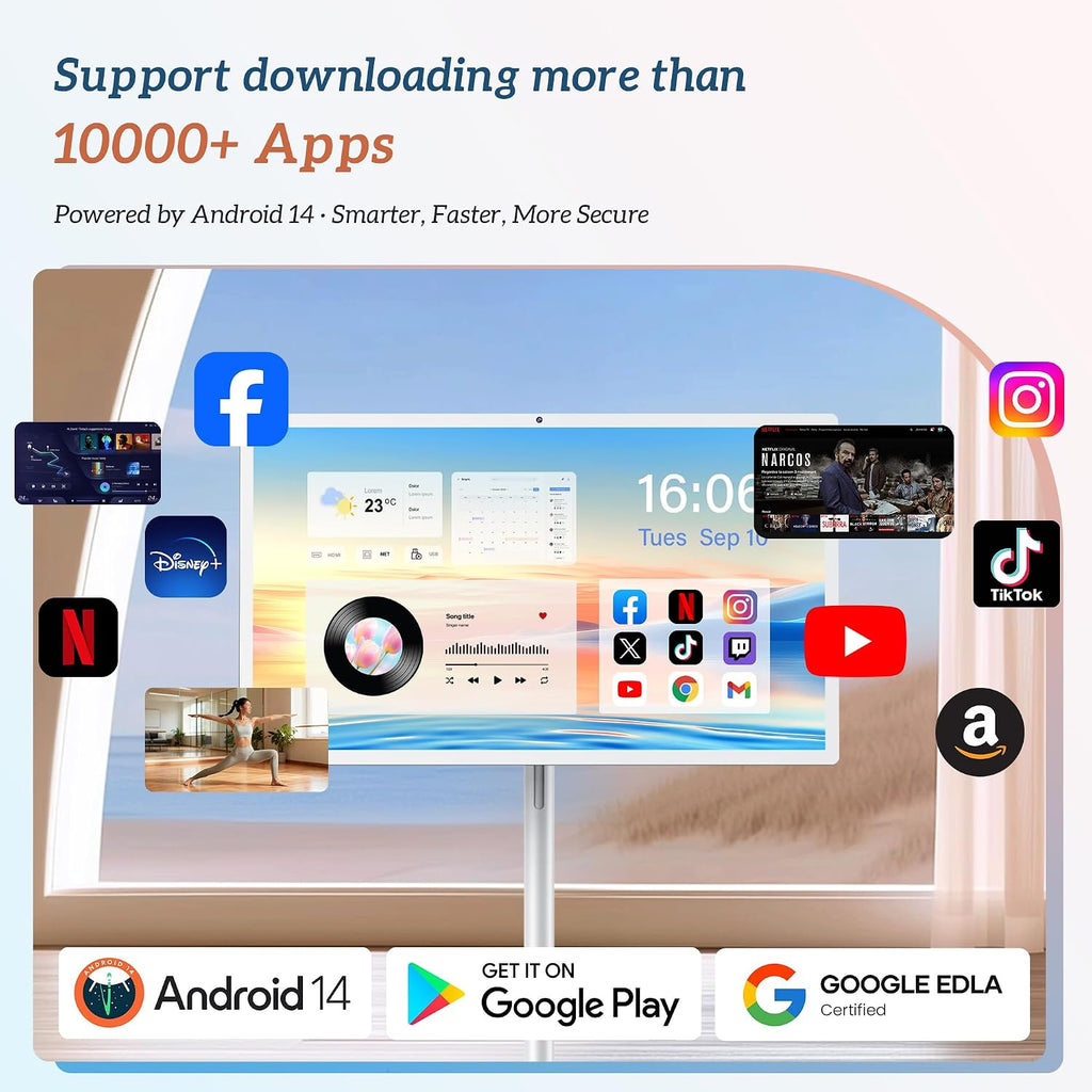 32' Smart Portable TV on Wheels, UHD Touch Screen Rolling TV, 16GB RAM + 128GB Storage, Powerful Qualcomm Snapdragon CPU, Android 14 EDLA Certified, Supports Google Play with 10000+ Apps