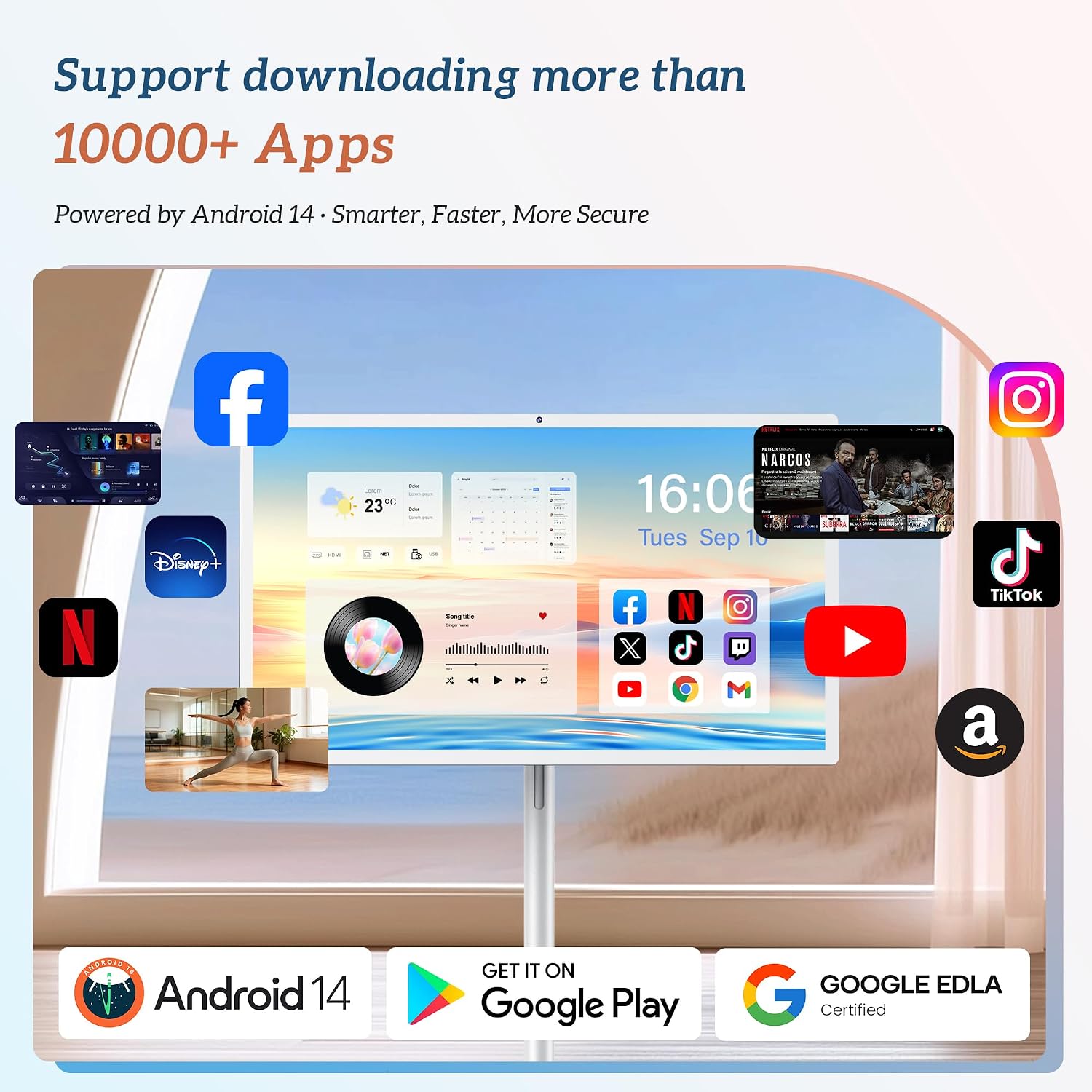 32' Smart Portable TV on Wheels, UHD Touch Screen Rolling TV, 16GB RAM + 128GB Storage, Powerful Qualcomm Snapdragon CPU, Android 14 EDLA Certified, Supports Google Play with 10000+ Apps