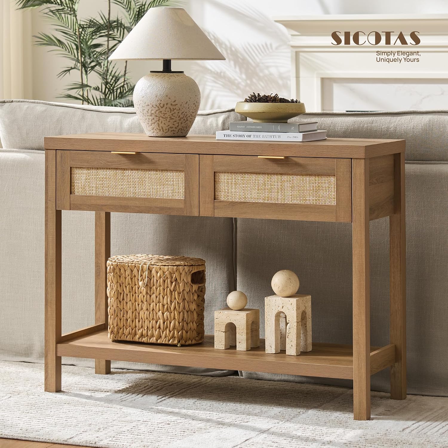 SICOTAS Console Table with Rattan Drawers - Boho Rattan Entryway Table with Storage, Small Console Tables for Entryway, Entry Tables for Hallway