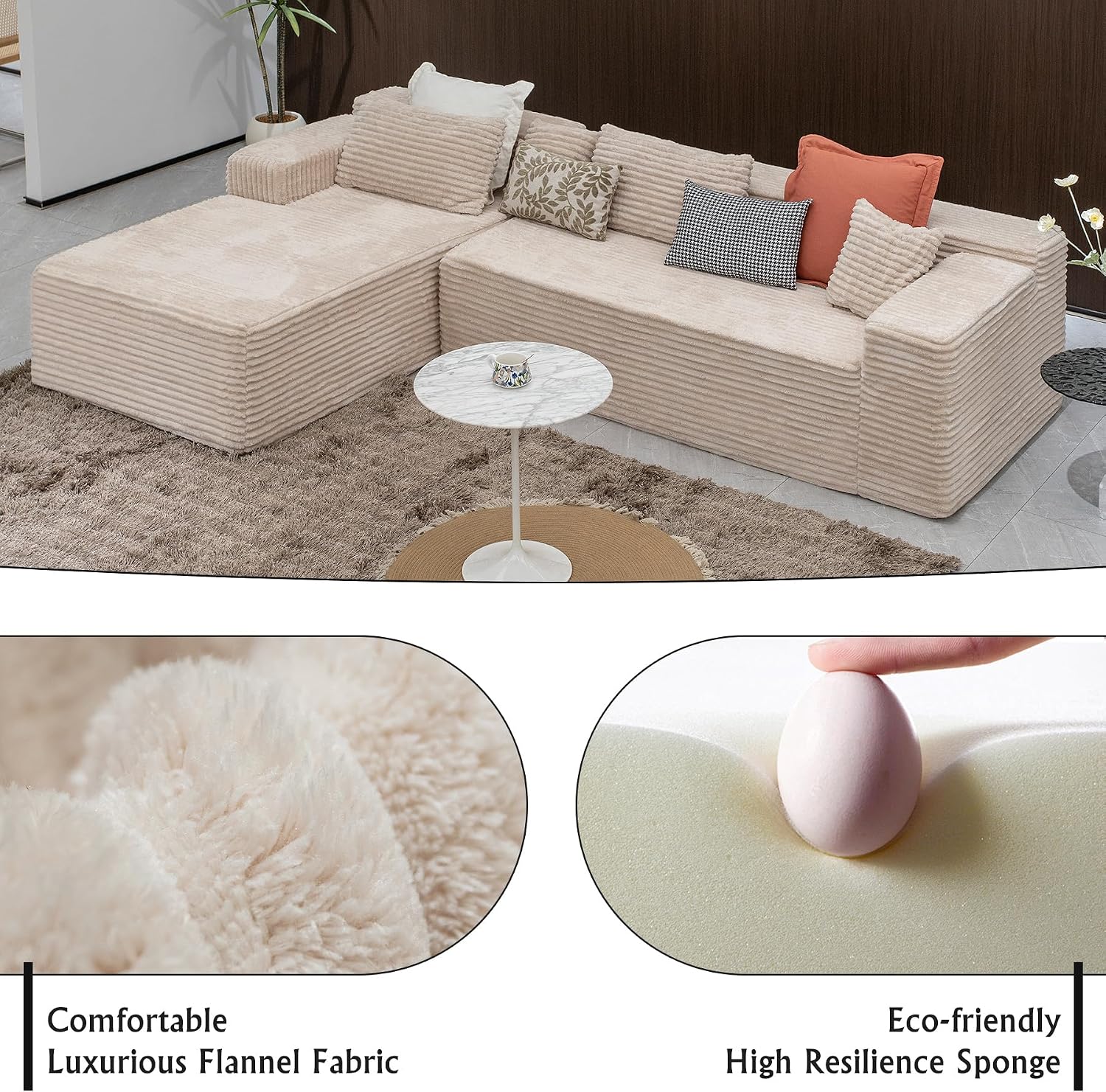 Sectional couches for Living Room Corduroy Couch, 104' Cloud Sectional Couch with L-Shape Chaise, Modern Modular Sofa, Deep Seat Comfort, No Assembly Required(Plush Corduroy, Left Facing Chaise)