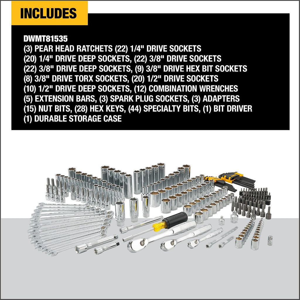 DEWALT Mechanic Tool Set, 247-Piece, 1/4 in., 3/8 in. and 1/2 in. Drive, SAE, Ratchets, Sockets, Hex Keys, Combination Wrenches, Polish Chrome Finish (DWMT81535)