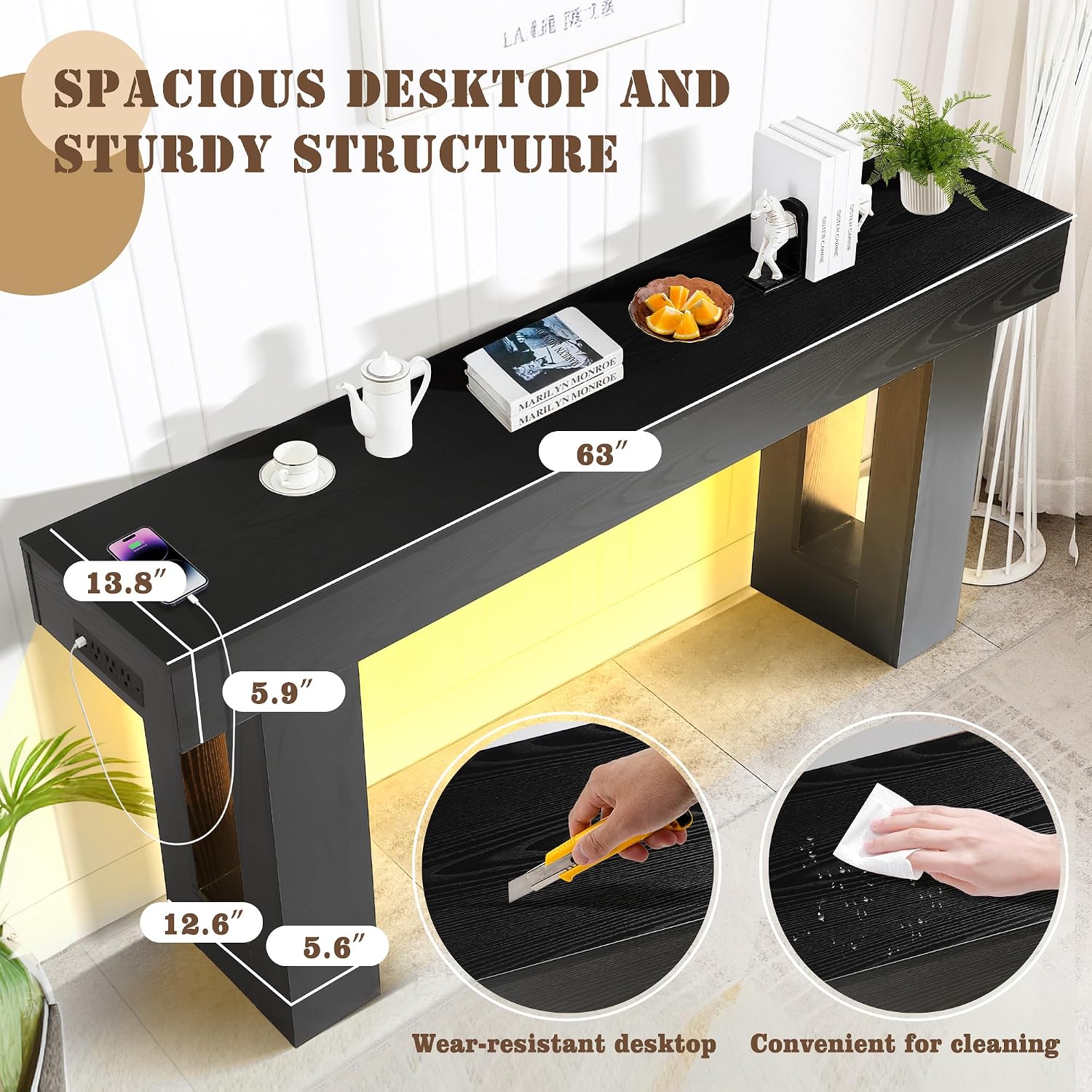 Grepatio 63 Inch Entryway Console Table, Wood Entry Way Table with LED Light, Long Console Table with USB Power Outlet, Narrow Sofa Behind Couch Tables for Entrance, Hallway, Living Room (LED Black)