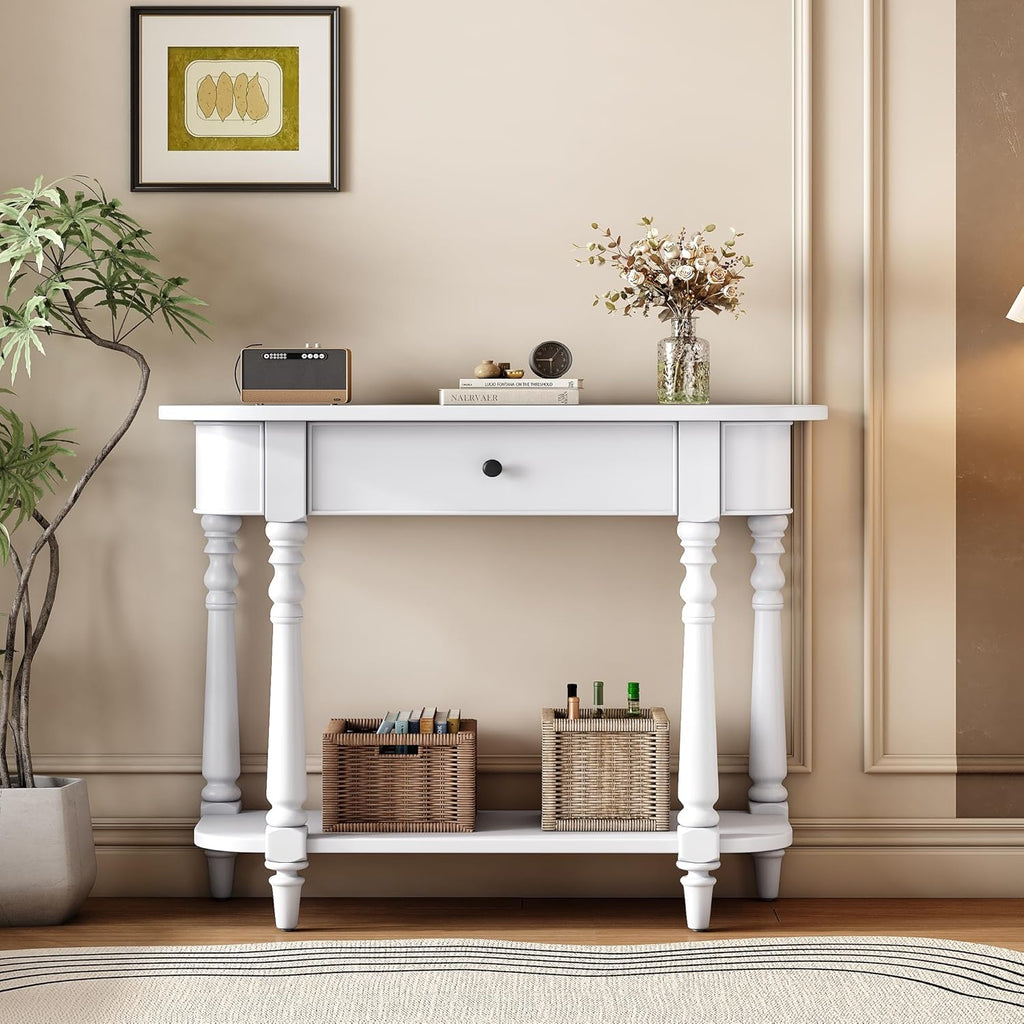 Small Curved Console Table 36-Inch Retro Farmhouse Wood Entry Sofa Table with Drawer & Storage Shelf for Living Room Hallway Entryway Furniture, White