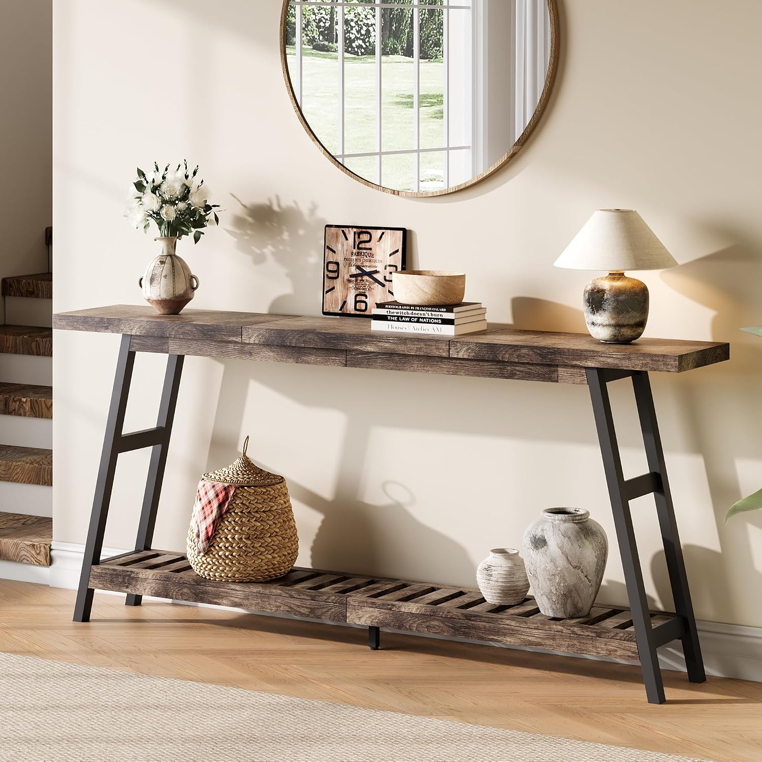 ChooChoo 70.9 Inch Long Console Tables for Entryway, Wood 2-Tier Entry Hallway Table, Narrow Sofa Table Behind Couch Table for Living Room, Entrance, Grey